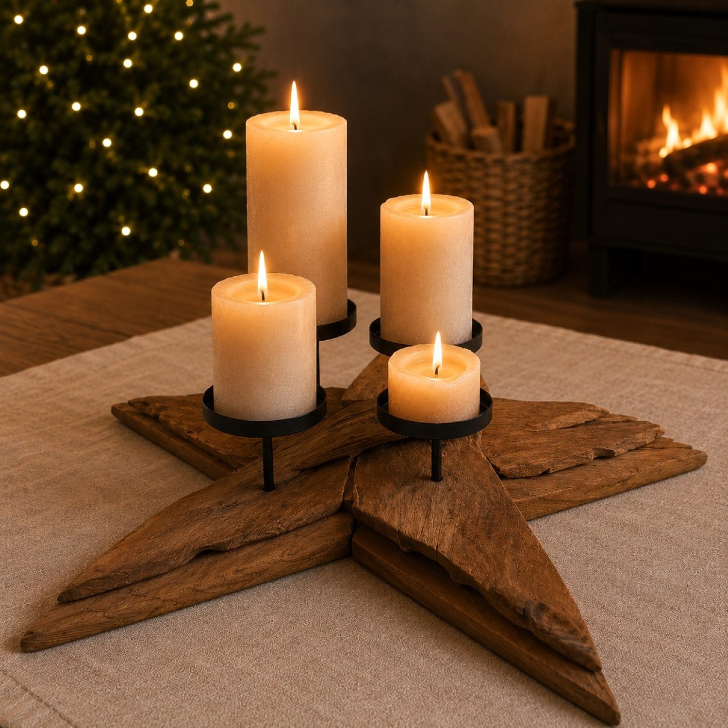 Online-Fuchs Adventskranz STERN aus rustikalem Treibholz mit Kerzenhaltern aus Metall, Naturprodukt mit besonderem Charakter - 58 cm groß