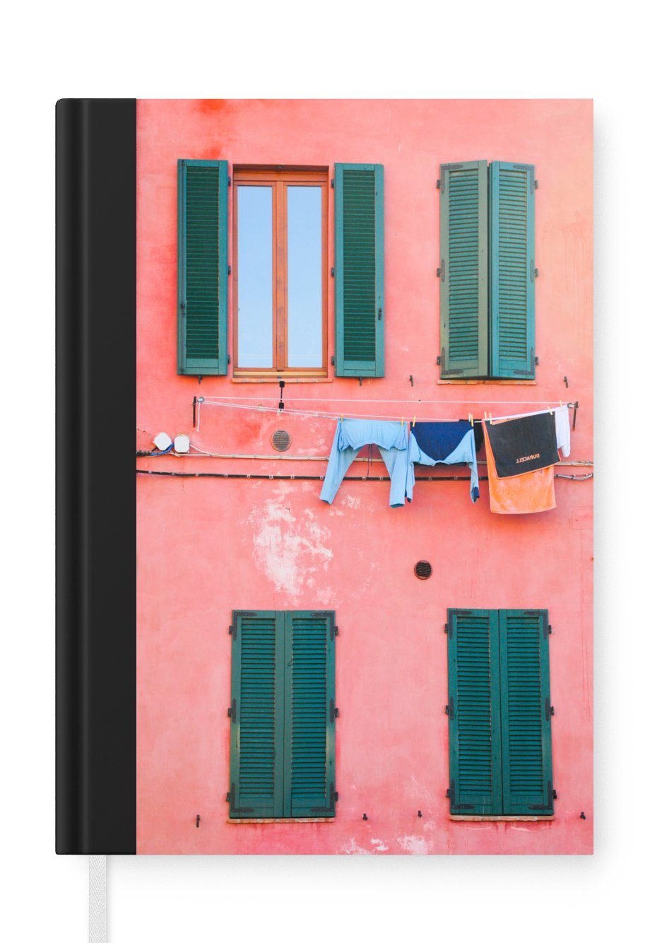 MuchoWow Notizbuch Grüne Fensterläden an orangefarbener Wand mit Wäscheleine, Journal, Merkzettel, Tagebuch, Notizheft, A5, 98 Seiten, Haushaltsbuch