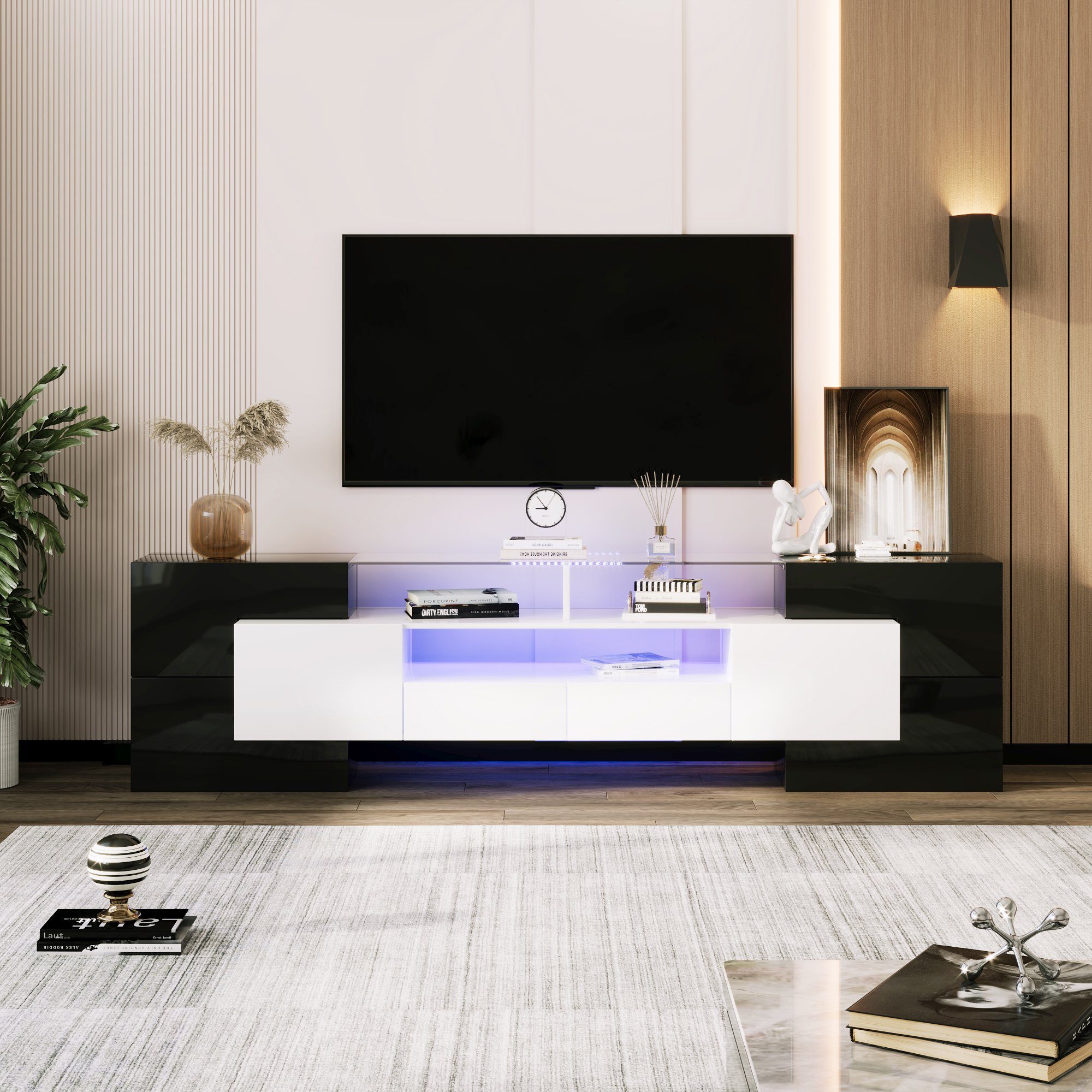 Hochglanz-Weiß TV-Schrank,LED-Beleuchtung Glasoberfläche Wohnzimmermöbel und Schwarz, Elegante TV-Schrank Stilvoller Celya