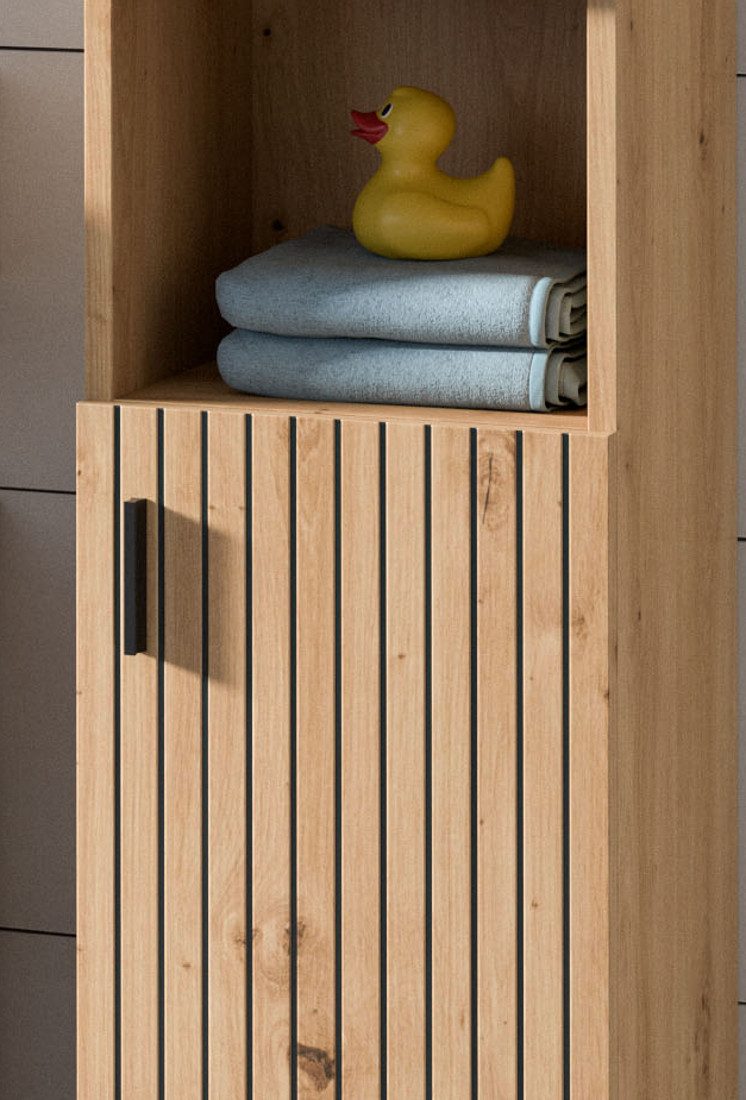 Inn.Furn Badkommode Livia (Badschrank in Eiche Artisan mit Leistenoptik, 30 x 95 cm), Türanschlag wechselbar