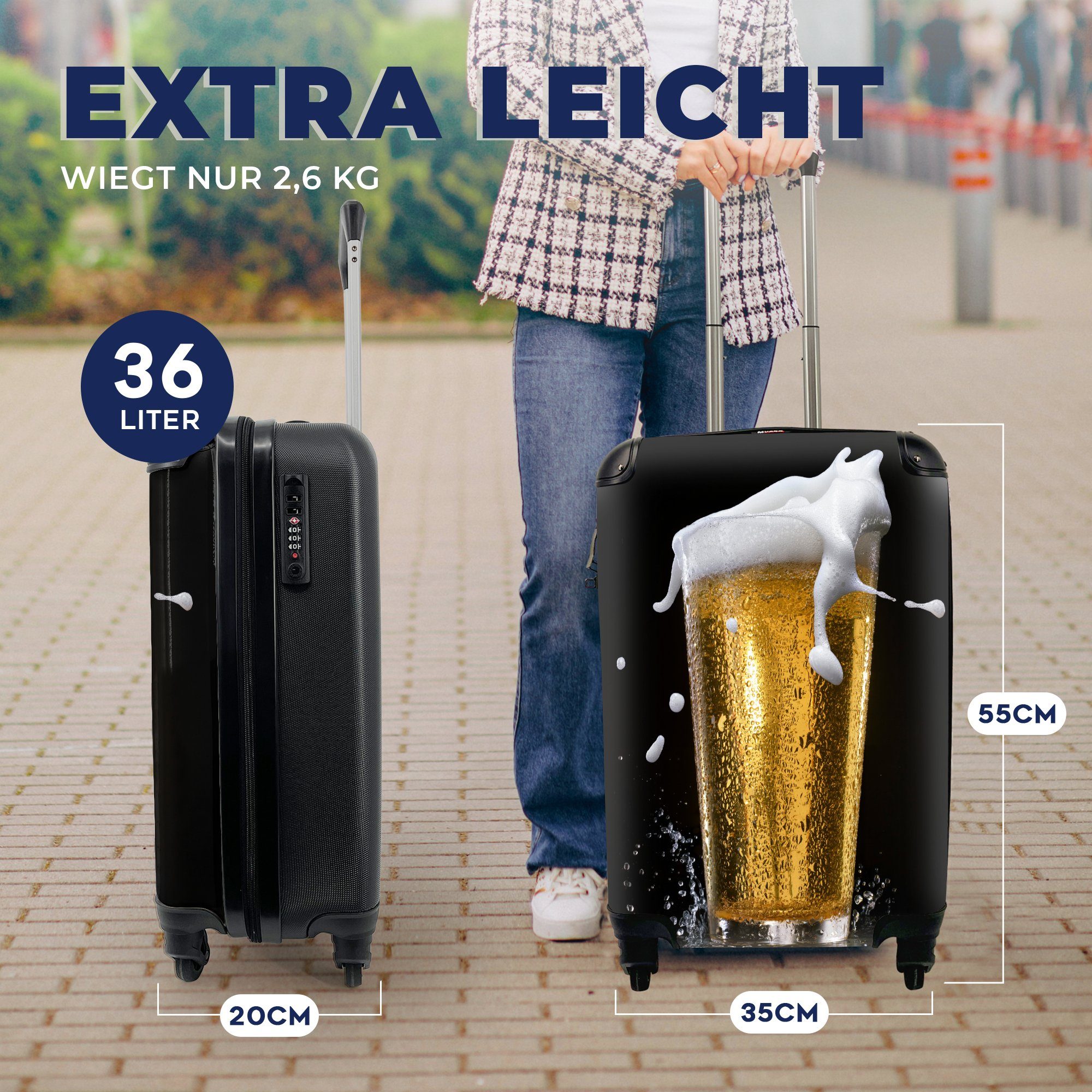 Handgepäckkoffer Reisekoffer Handgepäck Reisetasche MuchoWow Rollen, mit 4 Trolley, für Bier Ferien, rollen, Hintergrund, schwarzem Leckeres auf