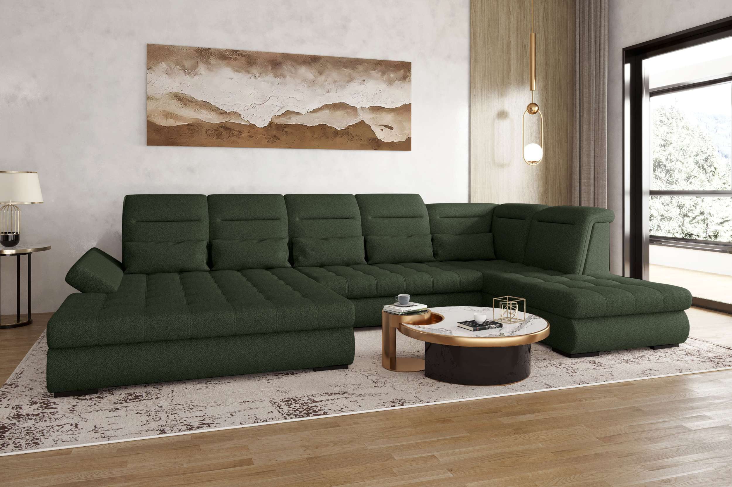 99rooms Wohnlandschaft Toscana, Sofa, U-Form, Bettfunktion, Rundumbezug aus gepolstertem Velours VOGUE