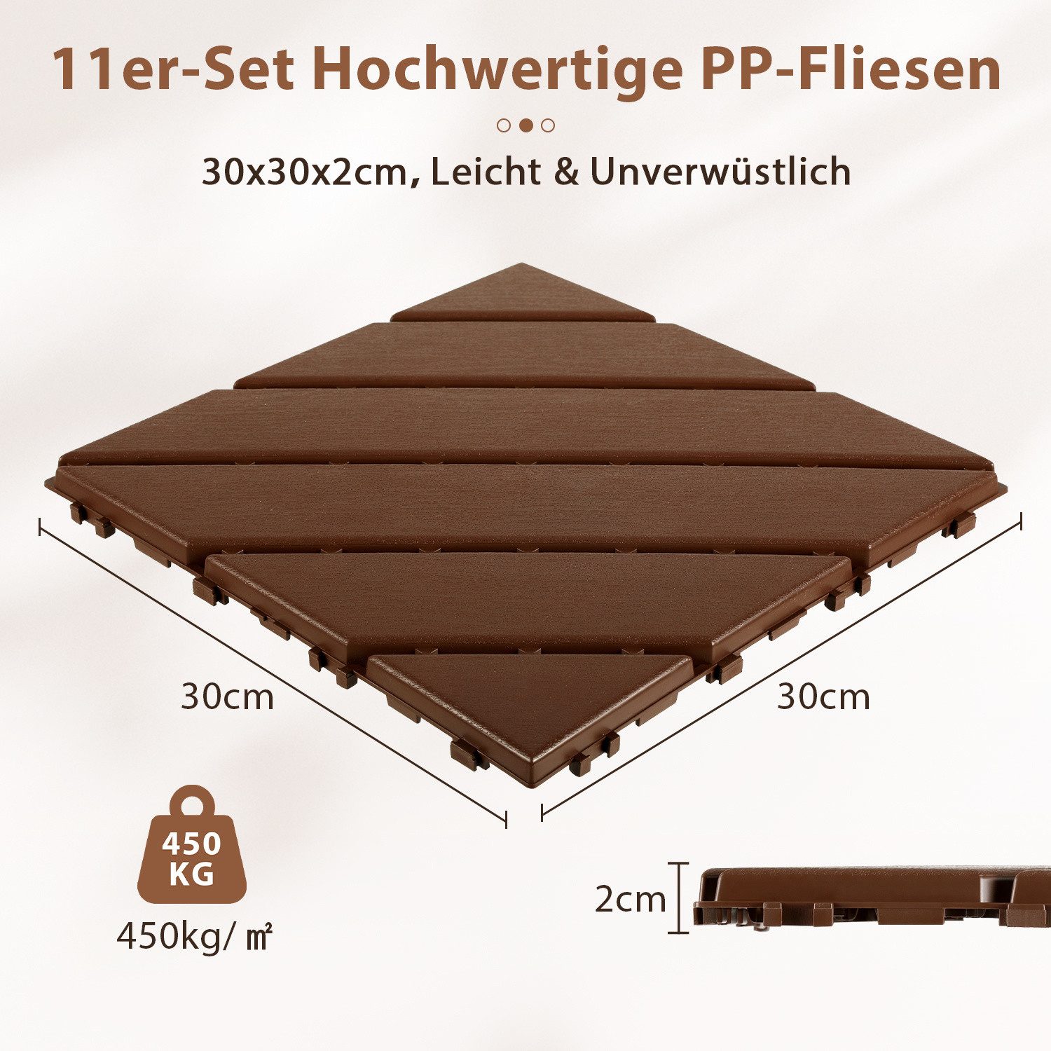Clanmacy Terrassenplatte 110 Stück Balkonfliesen Klicksystem 30x30 Kunststofffliesen braun, Kunststoff 30x30