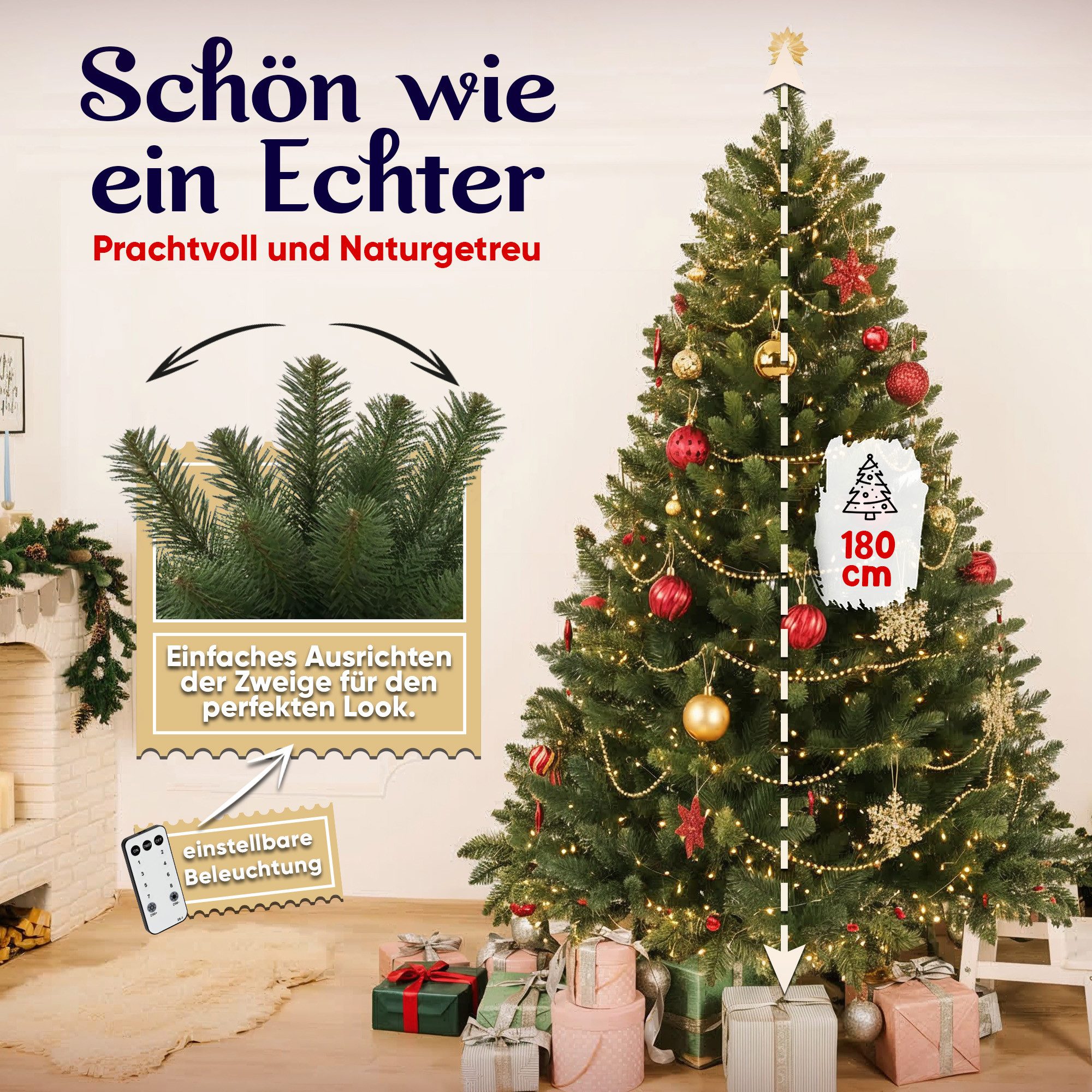 VESKA Künstlicher Weihnachtsbaum Naturgetreu mit Holzständer, Tannenbaum 140cm / 180 cm, Nordmanntanne, dichte Zweige, mit Aufbewahrungstasche, LED Beleuchtung – Bild 5 von 5