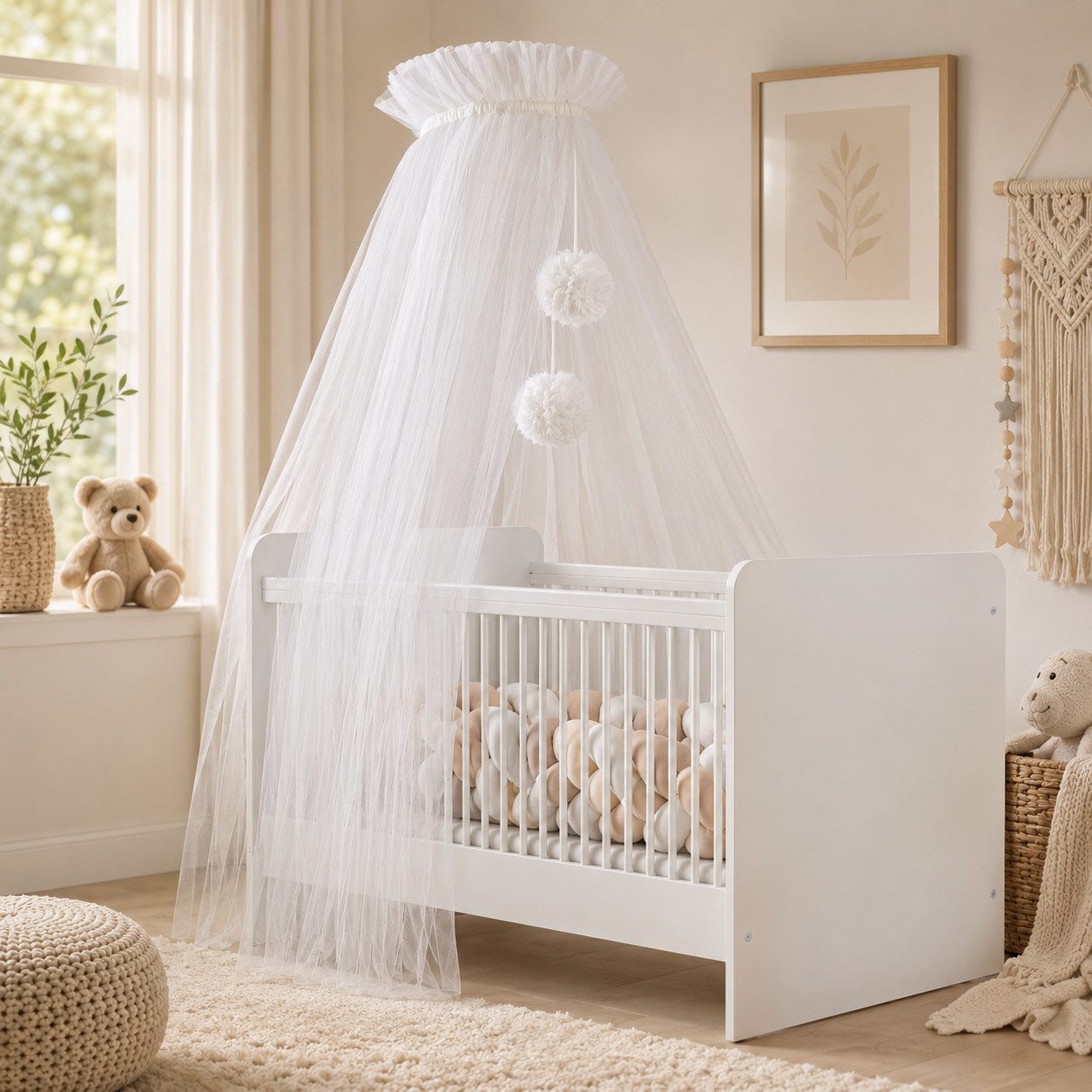 Baby Fancyroom Betthimmel Tüll Betthimmel für Babybett Babywiege Beistellbett Moskitonetz, 165cm lang, mit 2 Bommeln