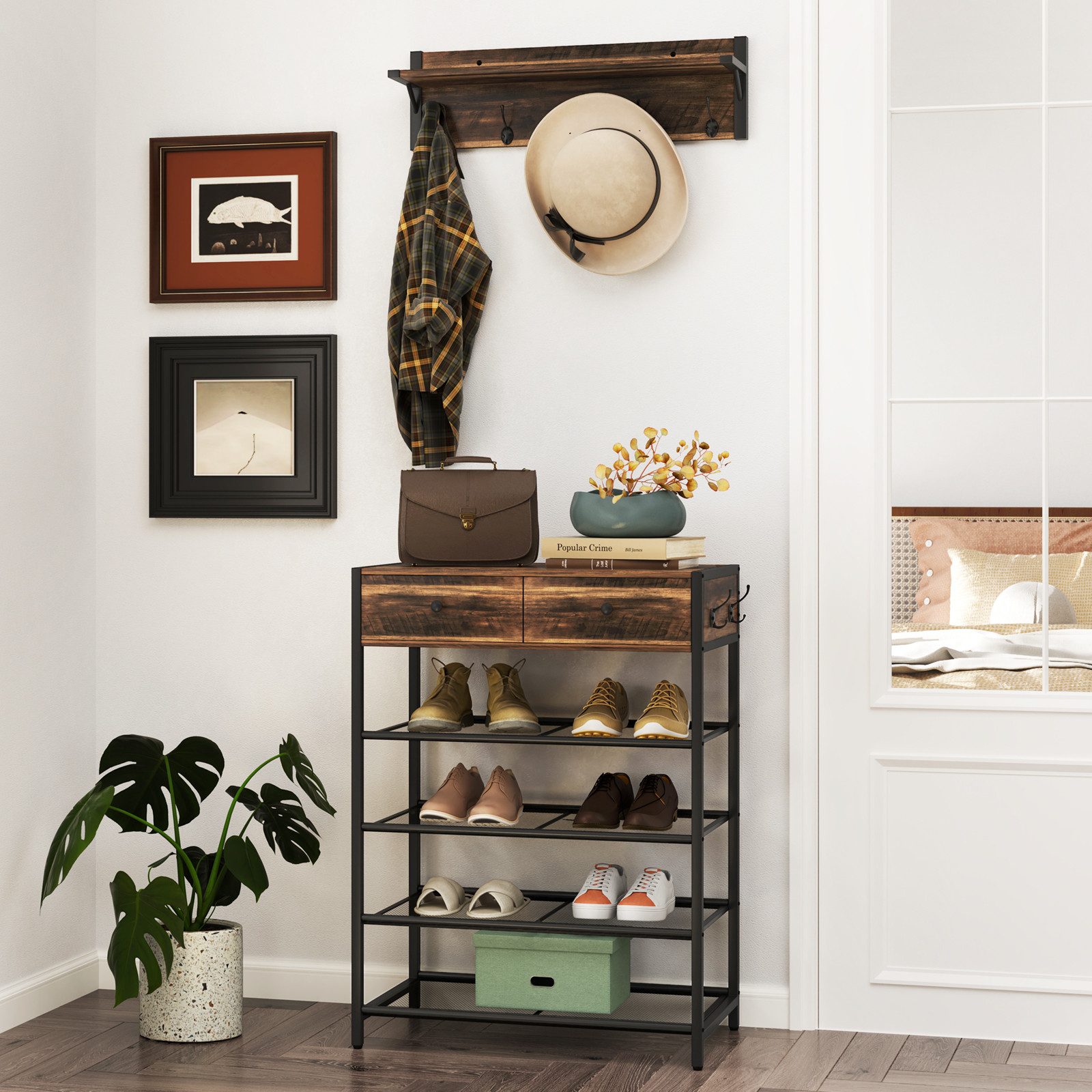 KOMFOTTEU Wandgarderobe, Flurgarderobe Wandregal mit 5 Schubladen, Gitterablagen & Haken