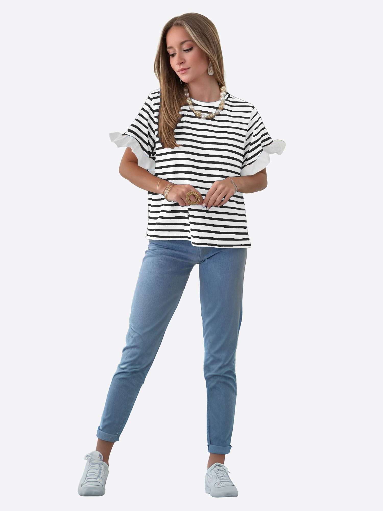 Imily Bela T-Shirt Damen Kurzarm Streifenmuster und Rüschenärmeln Casual Basic (Packung, 1-tlg., 1per-Pack) mit Rundhalsausschnitt