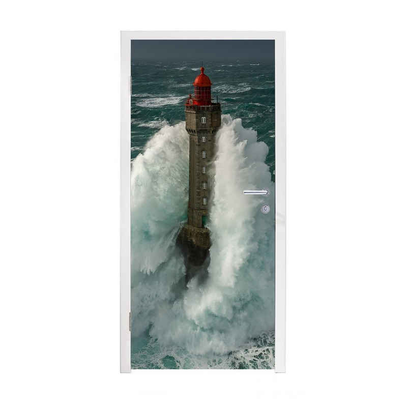 MuchoWow Türtapete Der französische Leuchtturm von La Jument bei starkem Sturm, Matt, bedruckt, (1 St), Fototapete für Tür, Türaufkleber, 75x205 cm