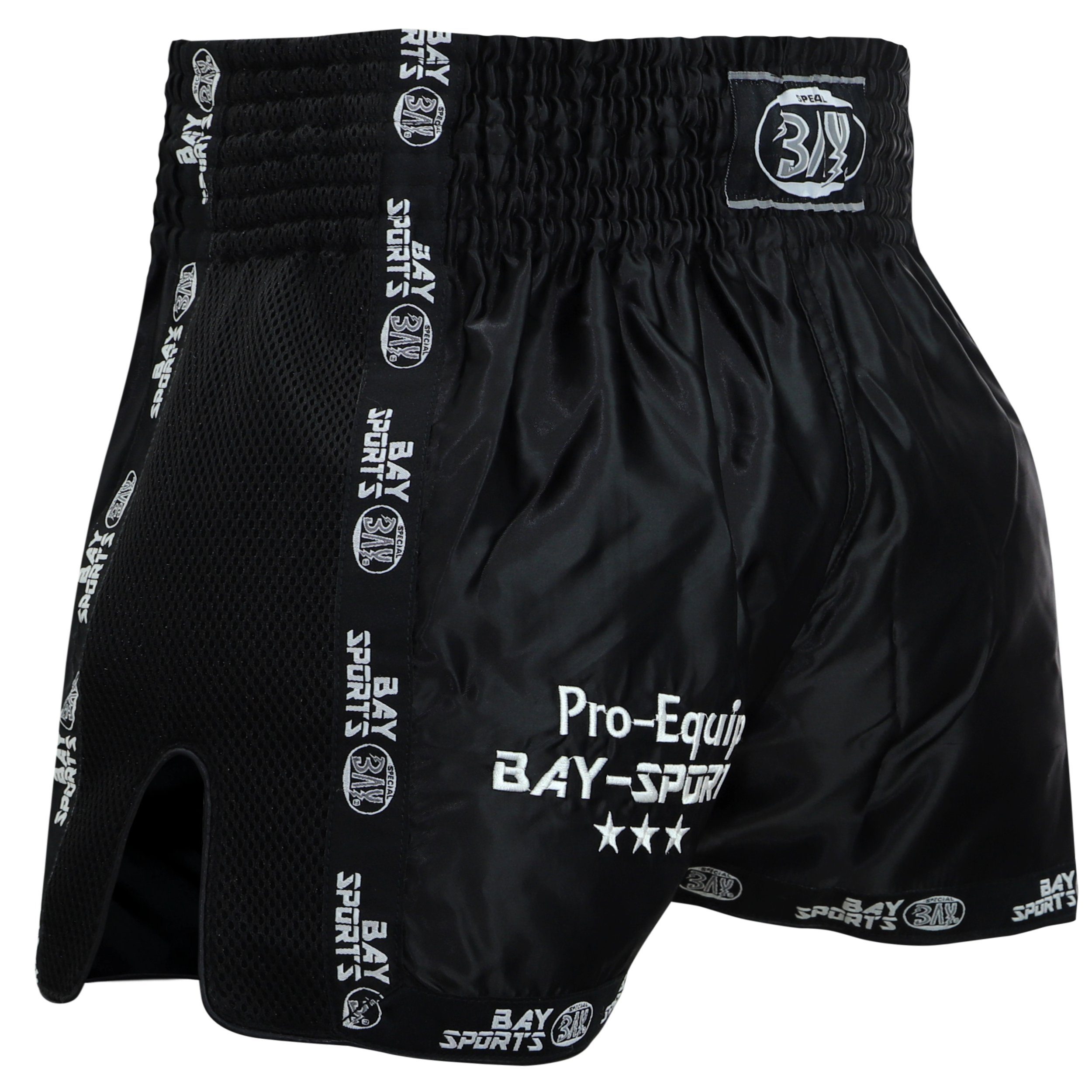 BAY-Sports Sporthose Thaiboxhose Thaiboxen Hose Shorts Muay Thai kurz MMA Thaiboxshorts (Stück) XXS - XXL, schwarz mit Mesheinsätzen, Kinder und Erwachsene