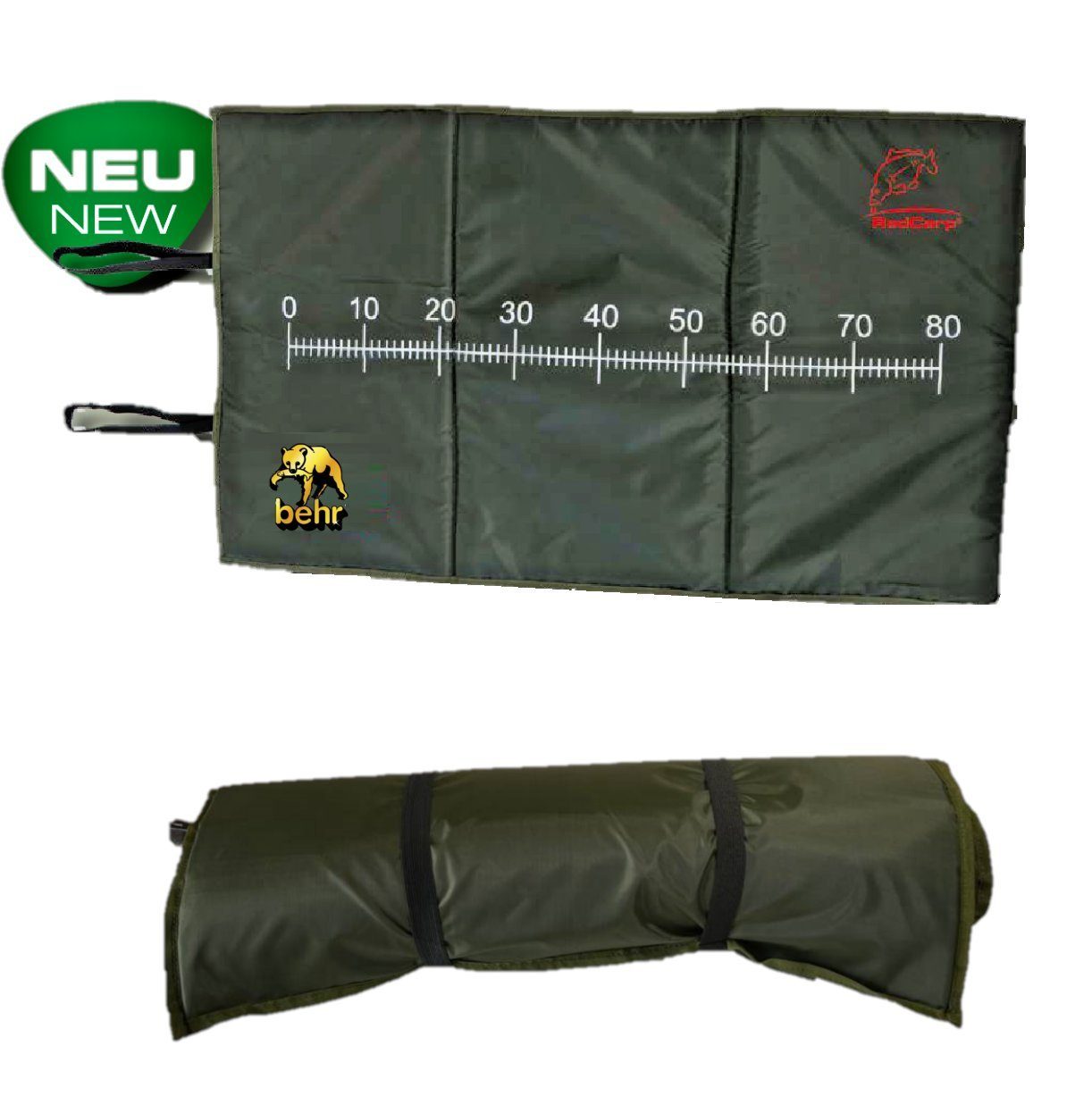 Behr Angelkescher Abhakmatte Modell A 100x60cm Maßband Karpfen Fischmatte Unhookingmat, Aufgedrucktes Maß bis 80 cm