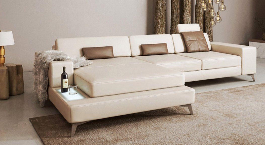 BULLHOFF Wohnlandschaft Wohnlandschaft Leder Ecksofa Designsofa Eckcouch L- Form LED Leder Sofa Couch XL weiss creme taupe »MÜNCHEN III« von BULLHOFF,  Made in Europe