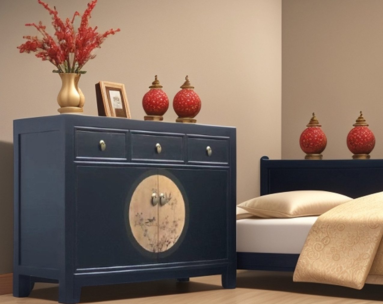 OPIUM OUTLET Kommode Asia Schrank Sideboard orientalisch chinesisch (komplett montiert), Vintage-Stil, asiatisch, schwarz-beige