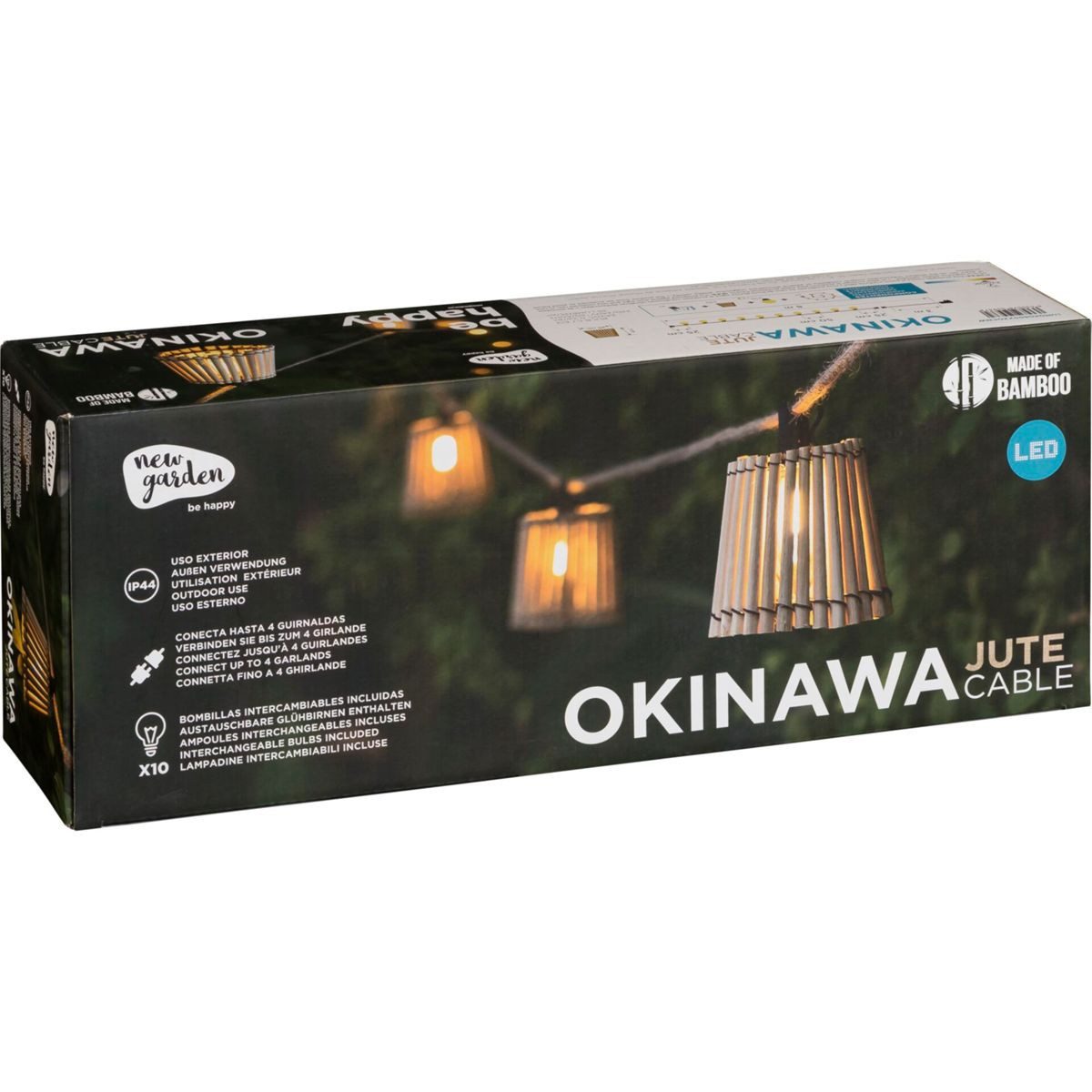 New Garden Gartenleuchte LED-Lichterkette oder Solar-Laterne aus Bambus, Okinawa, Warnweiß