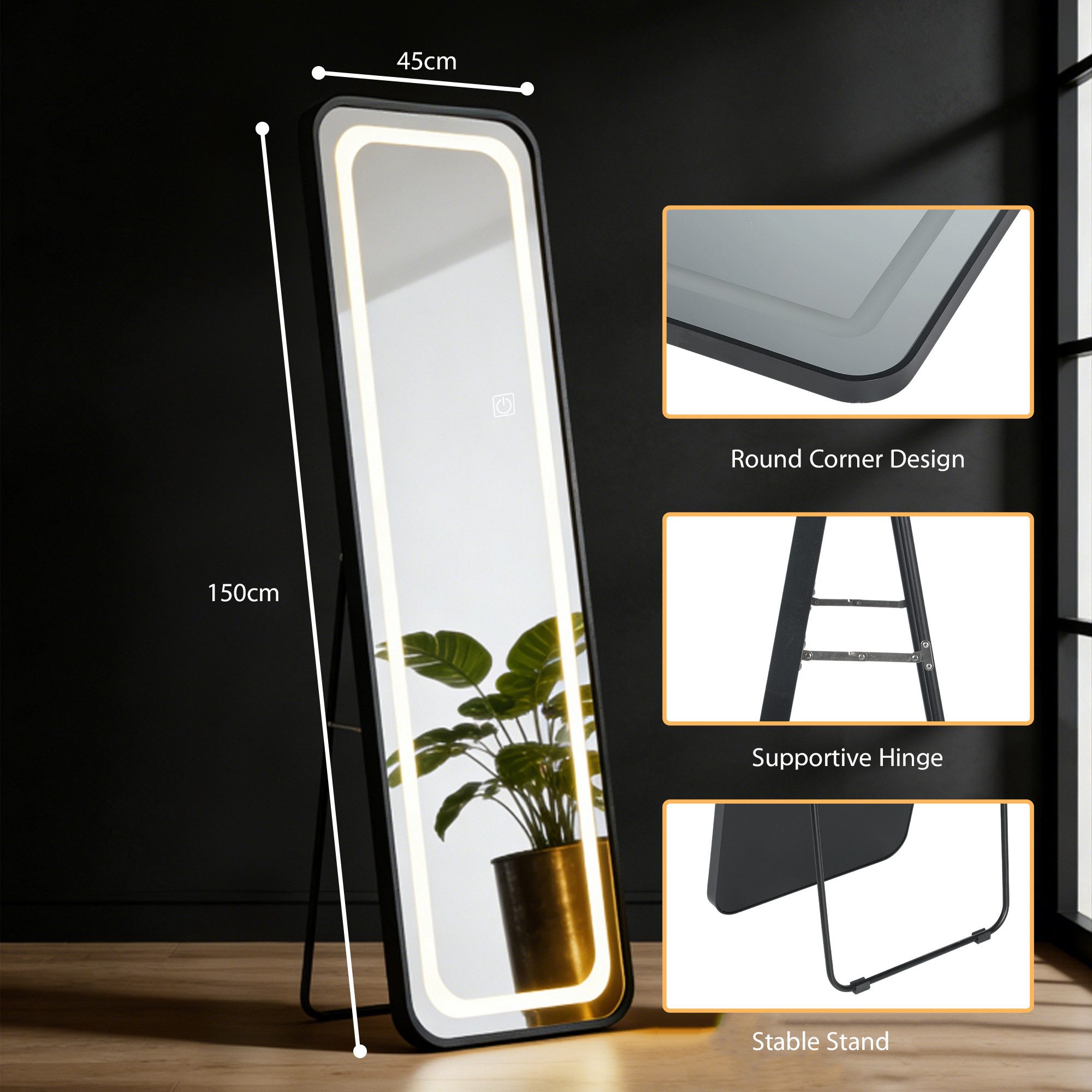 kehot Spiegel LED-Ganzkörperspiegel mit Rahmen,Aluminiumrahmen,dimmbare Beleuchtung (Oval, 150x45cm), Stand/Wand