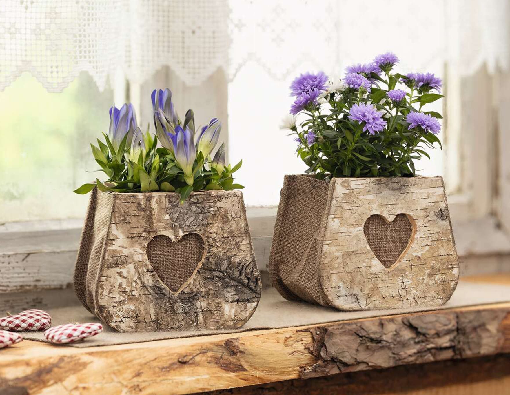 Dekoleidenschaft Blumentopf "Herz" Pflanztasche aus Birke & Stoff, Pflanzgefäße, Holz Pflanztopf (2 St., im Set) – Bild 5 von 5