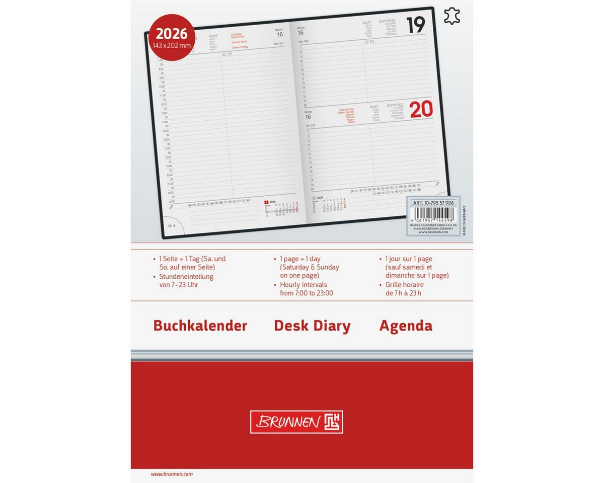 Thumbnail - BRUNNEN Buchkalender Buchkalender 795 A5 1 Tag/Seite Leder schwarz 2026