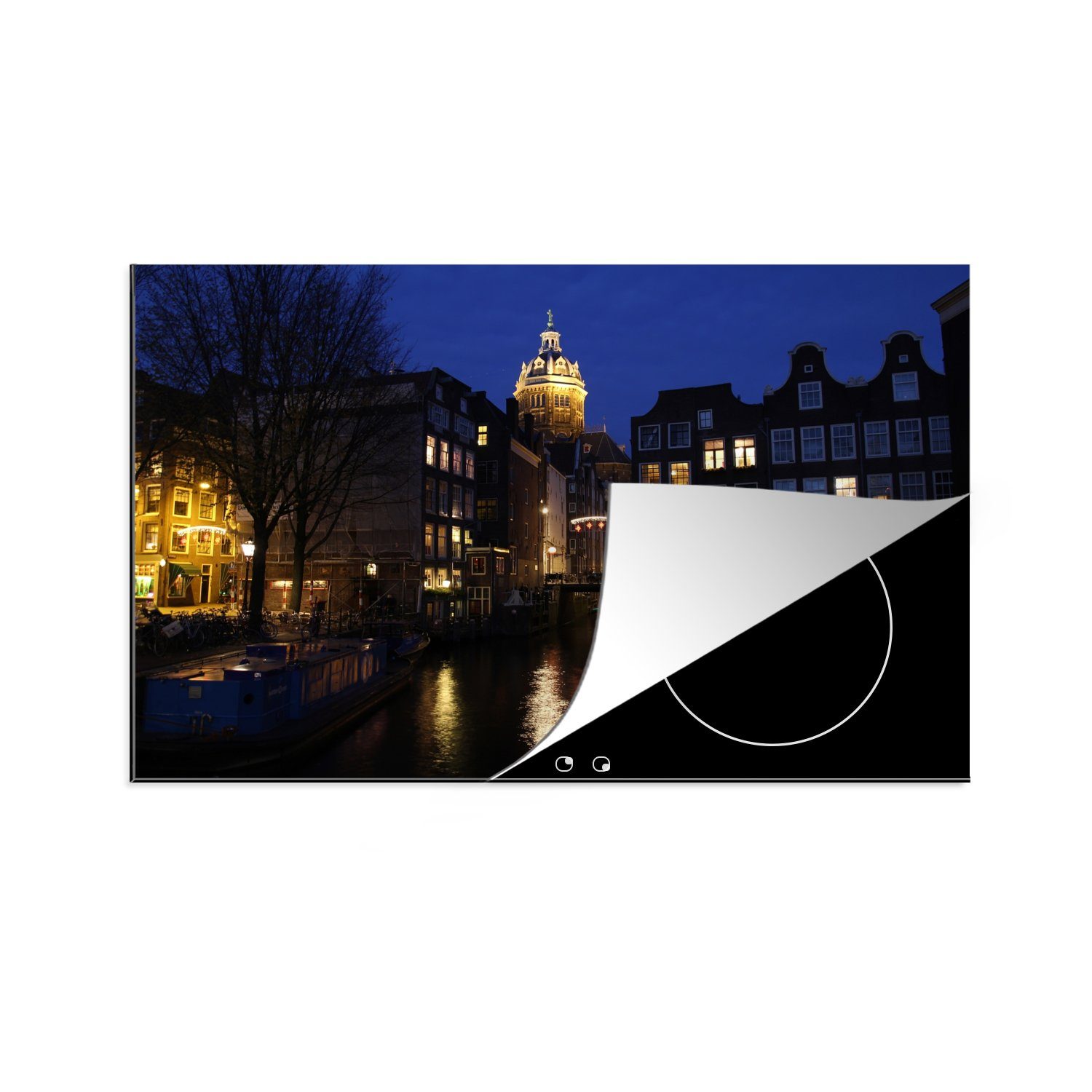 MuchoWow Herdblende-/Abdeckplatte Reflexion von Lichtern in einer Amsterdamer Gracht, Vinyl, (1 tlg), 81x52 cm, Induktionskochfeld Schutz für die küche, Ceranfeldabdeckung