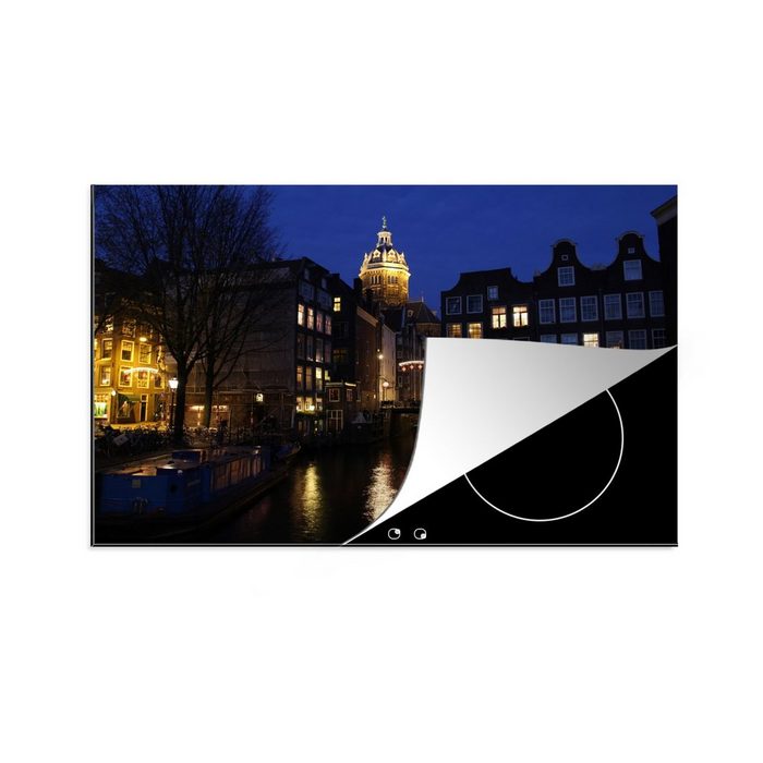 MuchoWow Herdblende-/Abdeckplatte Reflexion von Lichtern in einer Amsterdamer Gracht Vinyl (1 tlg) Ceranfeldabdeckung für die küche Induktionsmatte