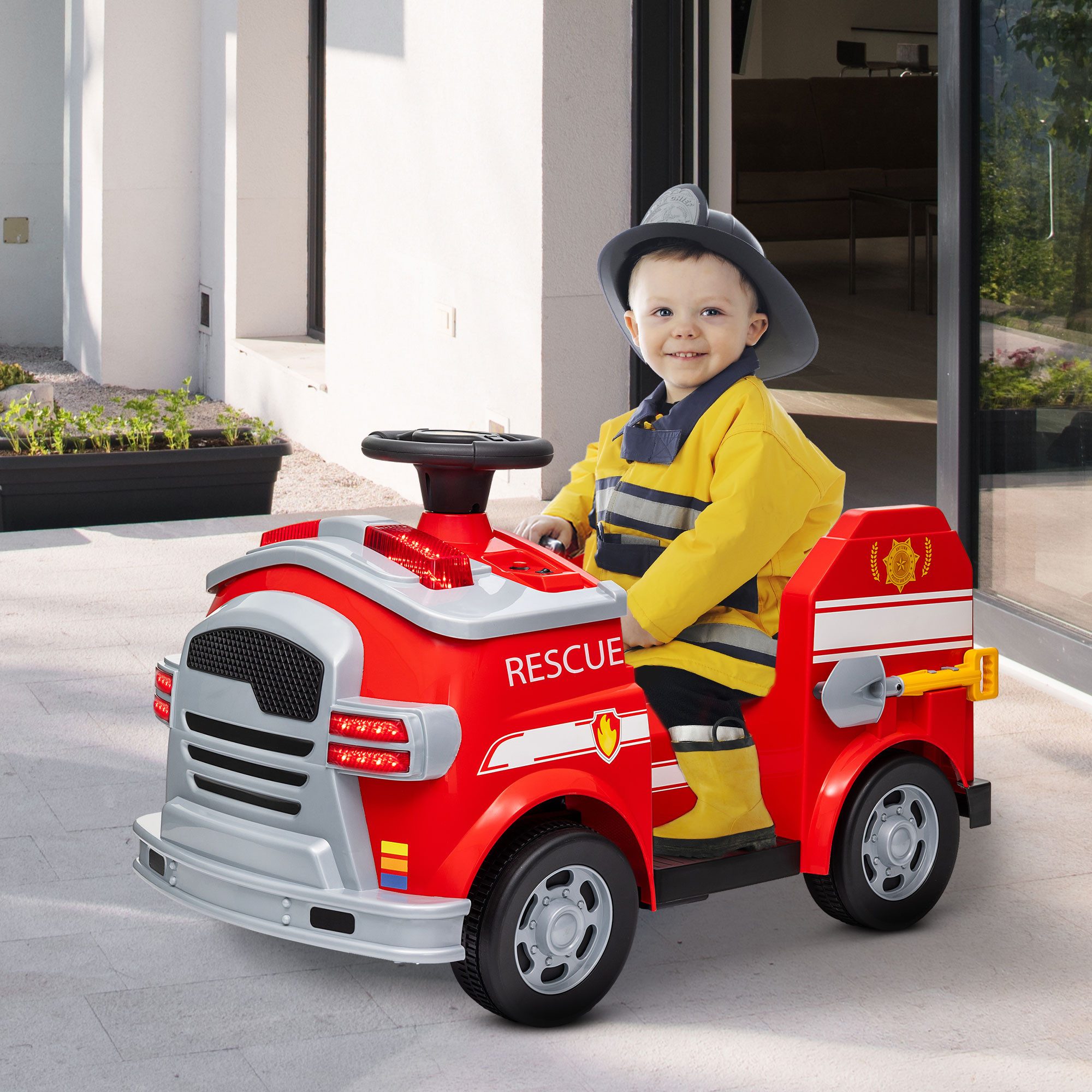 AIYAPLAY Elektro-Kinderauto Fahrt auf Feuerwehrwagen, 12V Kinder Elektroauto, Belastbarkeit 25 kg, (1-tlg), mit Sirene und blinkenden Lichtern, für Jungen und Mädchen, Rot