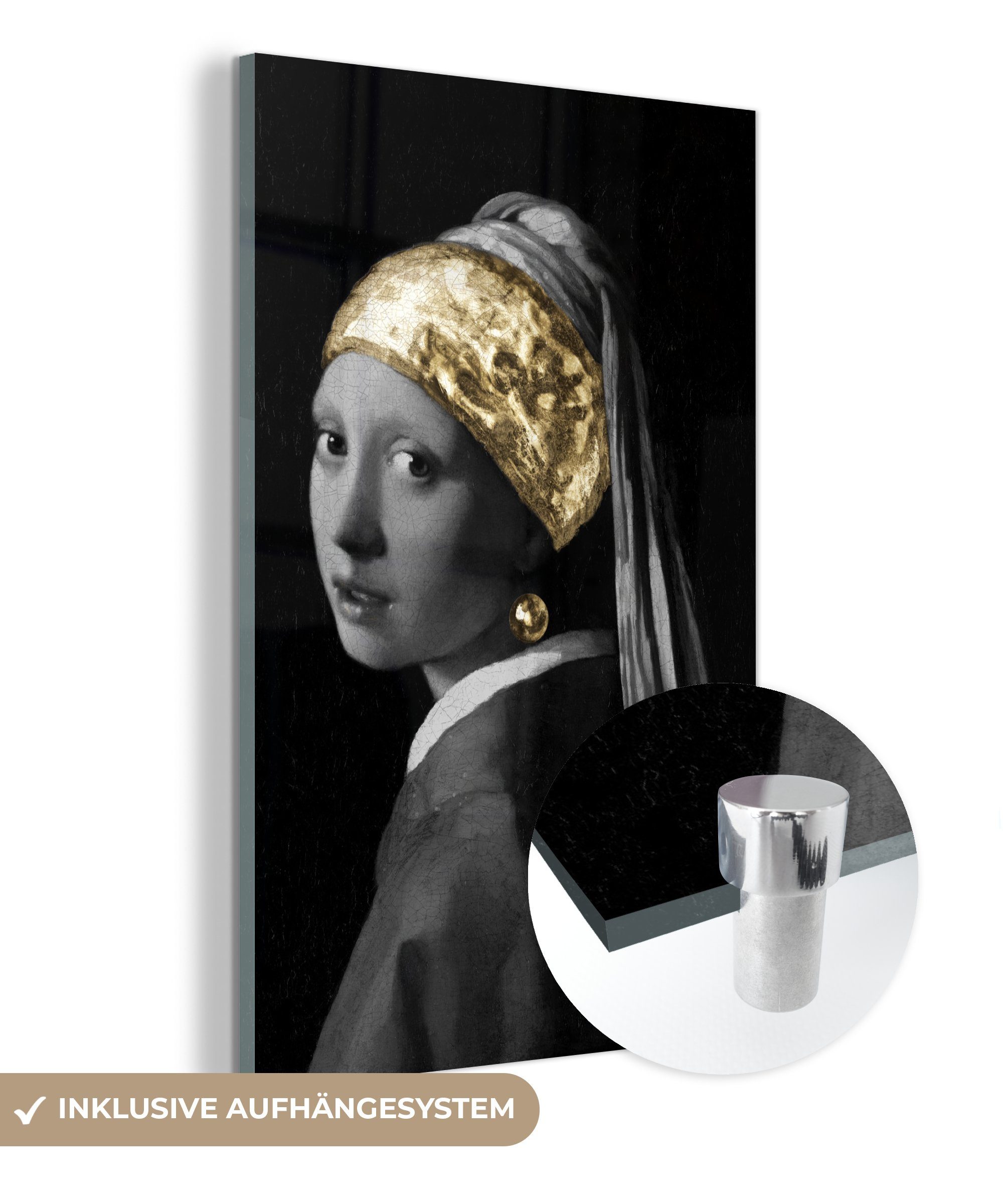 MuchoWow Acrylglasbild Mädchen mit einem Perlenohrring - Johannes Vermeer - Gold, (1 St), Glasbilder - Bilder auf Glas Wandbild - Foto auf Glas - Wanddekoration bunt