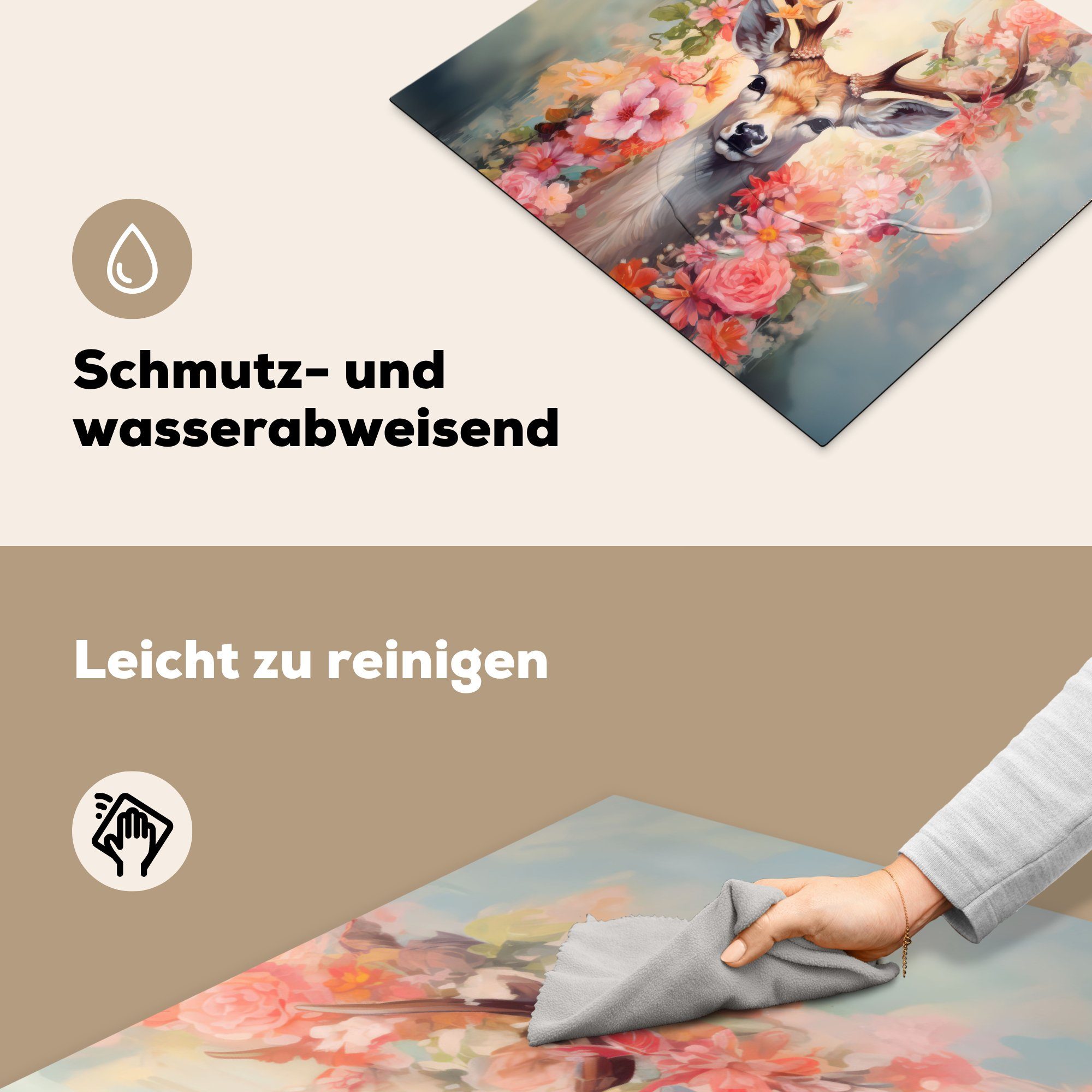 - cm, (1 nutzbar, Ceranfeldabdeckung Rosa, - tlg), MuchoWow Blumen Waldtiere 60x52 Herdblende-/Abdeckplatte Vinyl, Mobile Hirsche - Arbeitsfläche