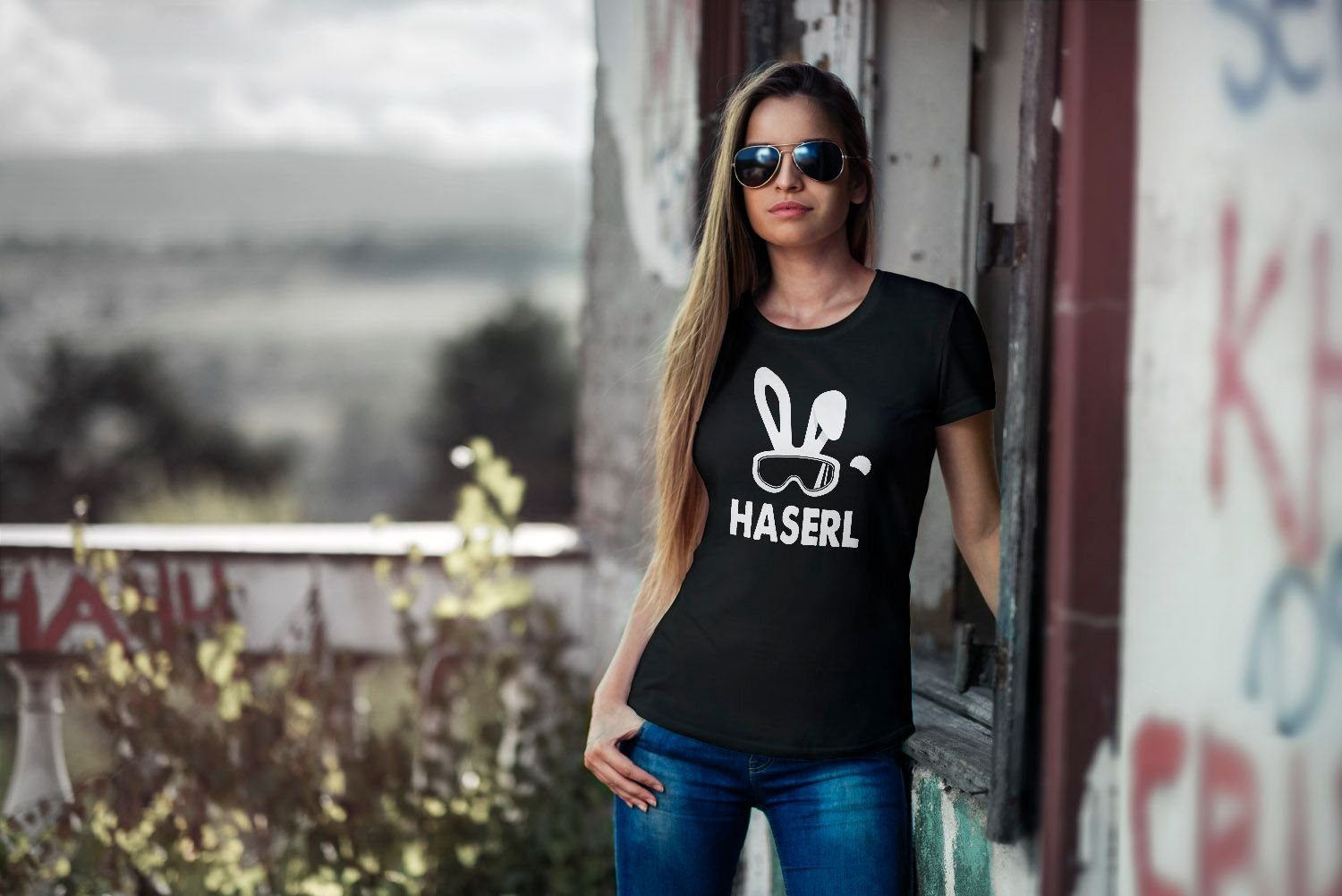MoonWorks Print-Shirt Damen T-Shirt Ski-Haserl Ski-Hase Après Ski Party Ski-Fahrer Snowboard-Fahrer Slim Fit Moonworks® mit Print