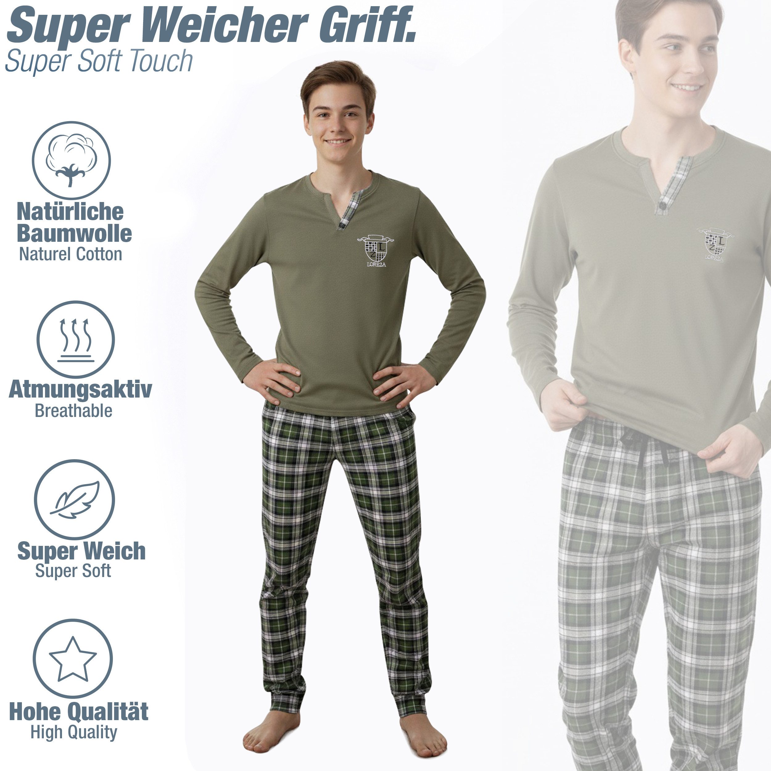 LOREZA Pyjama Jungen Schlafanzug zweiteilig Langarm - Kariert - Grün (Set, 2 tlg)
