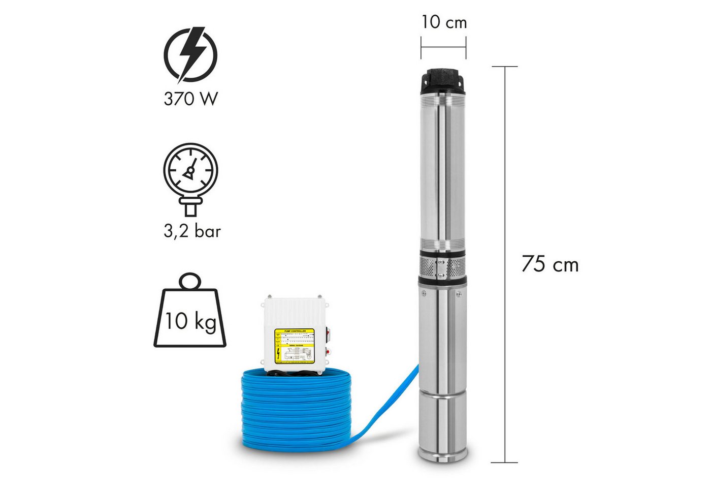 Thumbnail - EBERTH Tiefbrunnenpumpe aus rostfreiem Edelstahl, Elektrisch 370W, Durchmesser Pumpe 4 Zoll (Anschlussgewinde 1 1/2 Zoll...