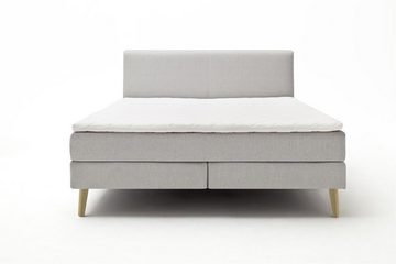 möbelando Boxspringbett Greta, Boxspringbett Greta mit Stoffbezug Porto hellgrau, Liegefläche 160x200 cm, Kopfteil glatt, Holzfuß eichefarbig