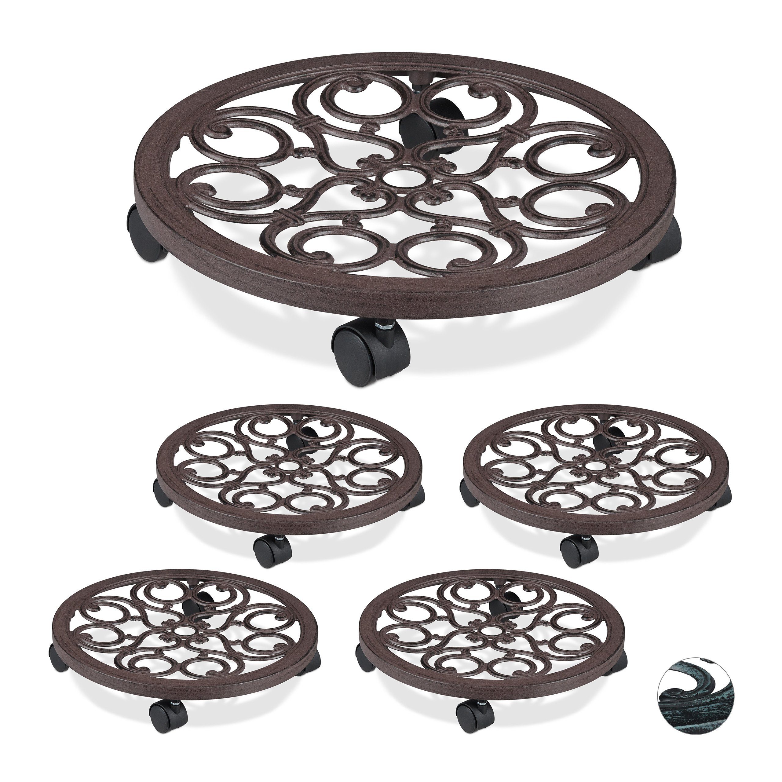 Blumentopfuntersetzer 5 x Pflanzenroller rund antik braun
