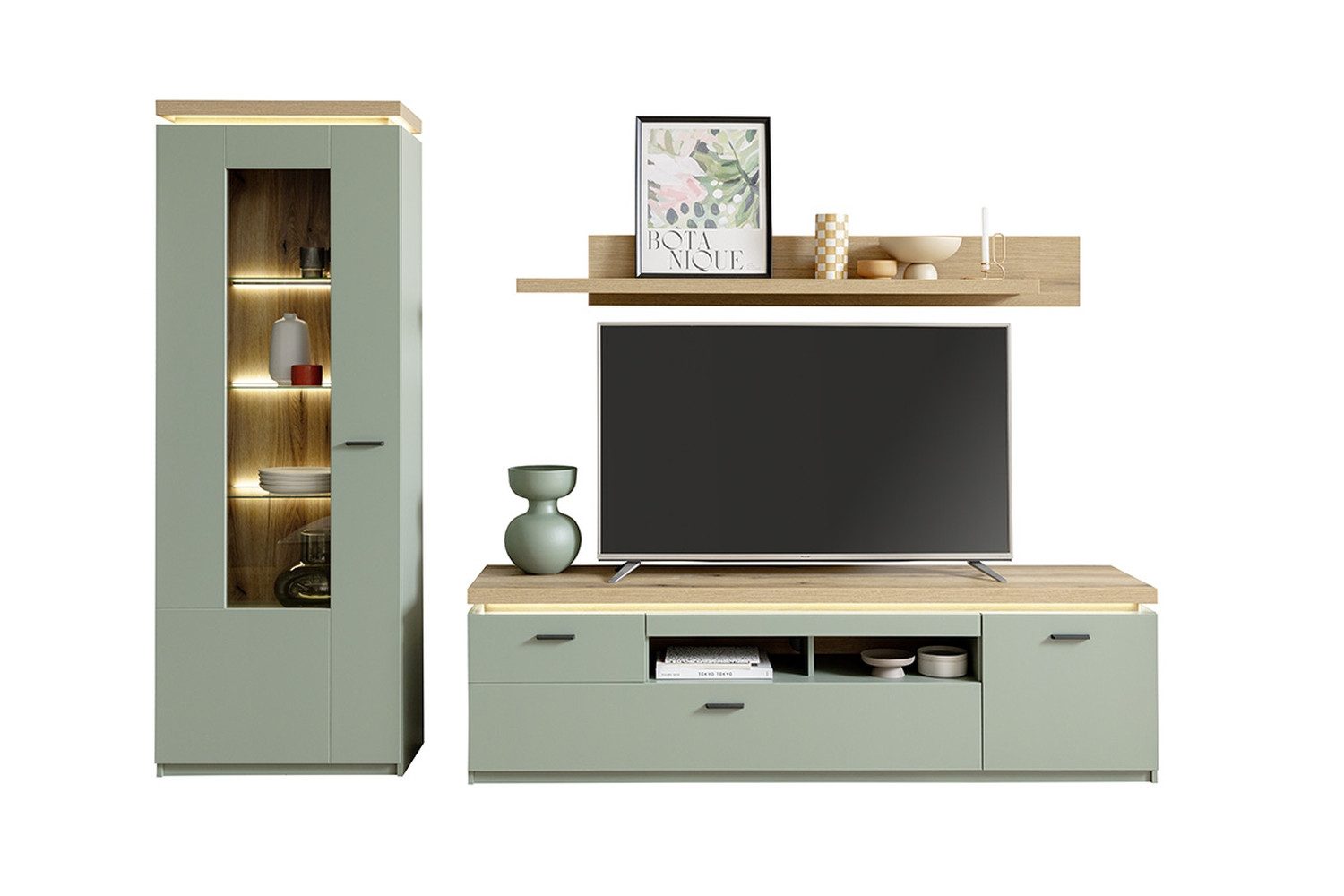 MCA furniture Wohnwand (3-teilig) mit LED, Salbei grün/Eiche Evoke Dekor - 280x198x44 (BxHxT)