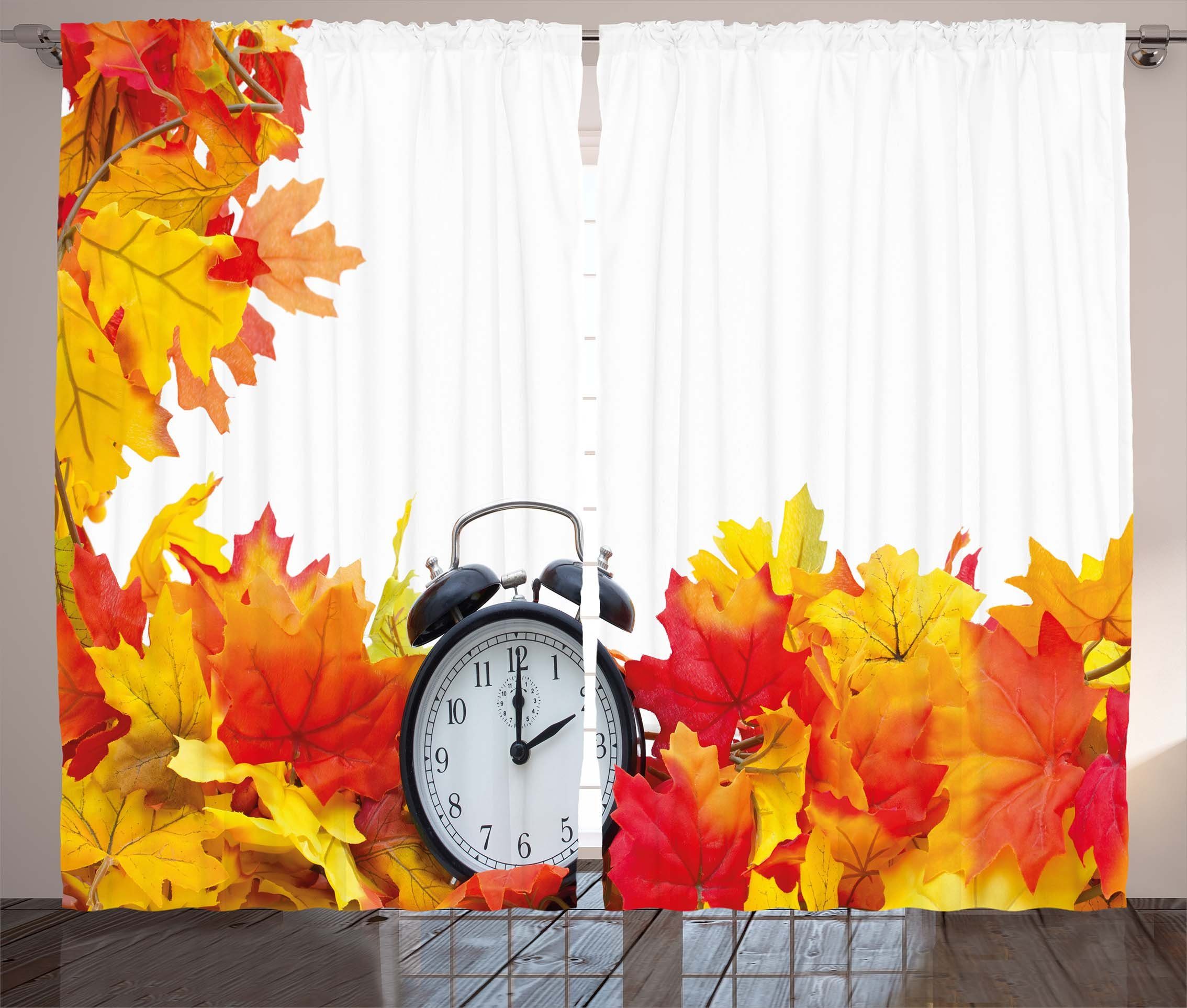 Gardine Schlafzimmer Kräuselband Vorhang Nostalgisch Schlaufen Autumn Leaves Clock Haken, Abakuhaus, mit und