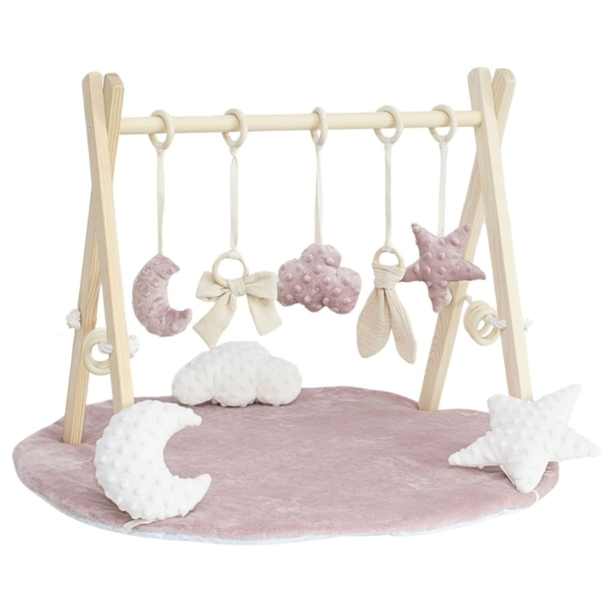 LuMali Baby Gym Holz Spielbogen klappbar 8 Spielzeuge Matte 41x58x49cm Naturholz, (5 Anhänger Spielmatte 78cm Baumwollschnüre Montageset), Spieltrapez Neugeborene sensorisch Spielmatte 78cm wendbar ab Geburt