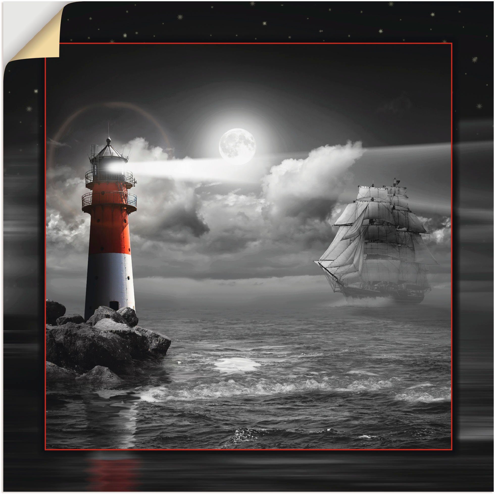 Artland Wandbild Leuchtturm und Segelschiff im Mondschein, Küste (1 St), als Alubild, Leinwandbild, Wandaufkleber oder Poster in versch. Größen