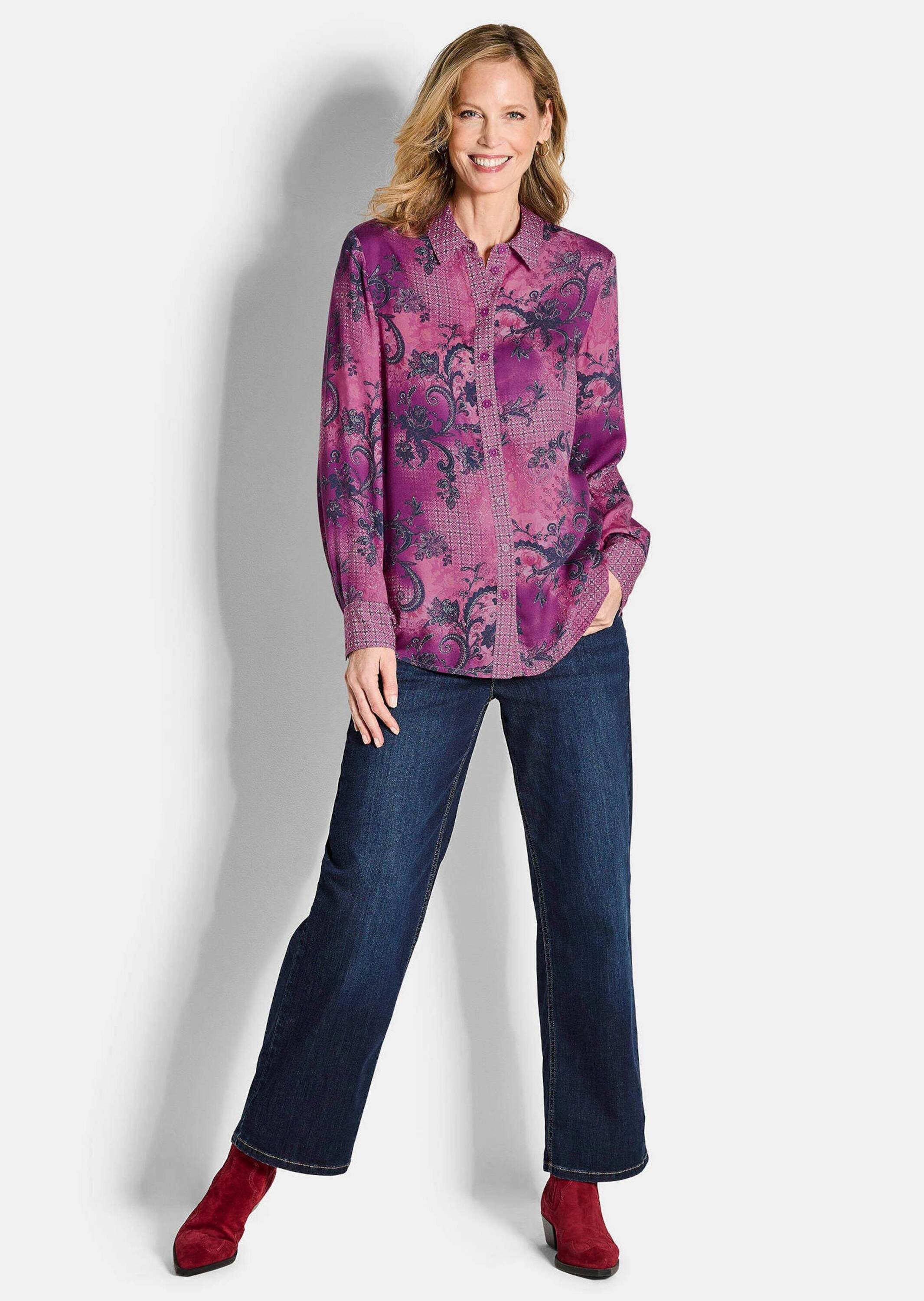 GOLDNER Hemdbluse Kurzgröße: Elegante Satinbluse mit Paisley-Design Viskosebluse mit Muster-Mix, Hemdkragen, Knopfleiste und Langarm