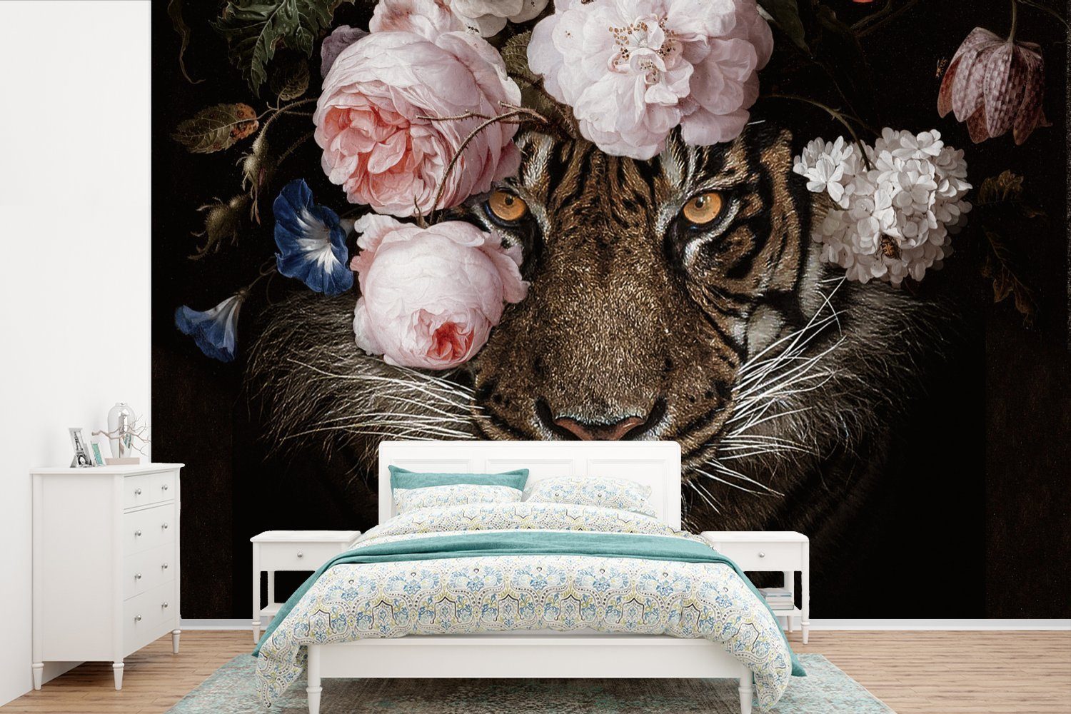 MuchoWow Fototapete Tiger - Blumen - Porträt, Matt, bedruckt, (6 St), Wallpaper für Wohnzimmer, Schlafzimmer, Kinderzimmer, Vinyl Tapete