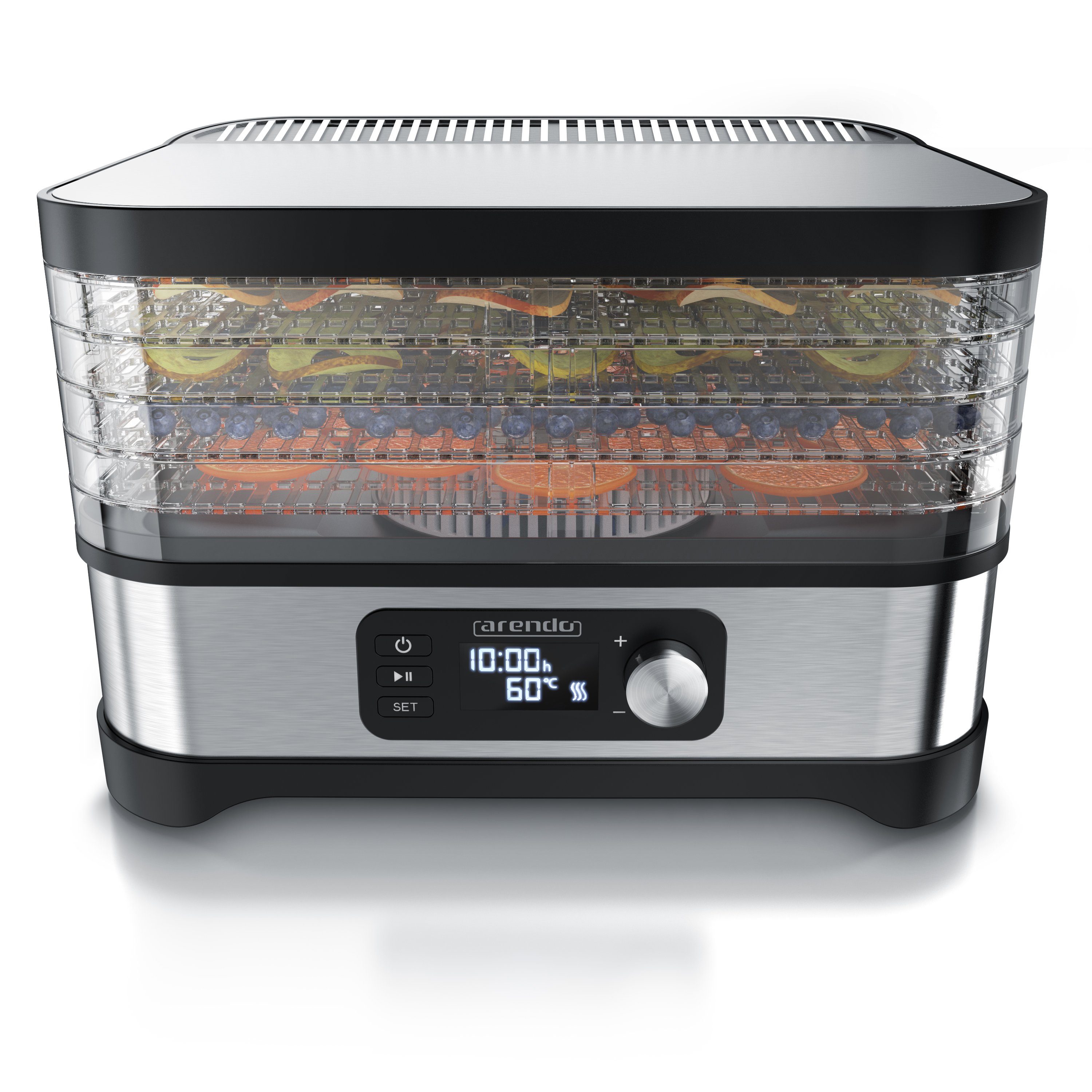 Arendo Dörrautomat mit Temperaturregler, 5 Etagen, 35-70°C, Edelstahl, Dörrgerät 400 W, 5 Etagen, Timer 24h, BPA-frei, für Fleisch/Obst/Gemüse, GS, 5 Einlegefächer