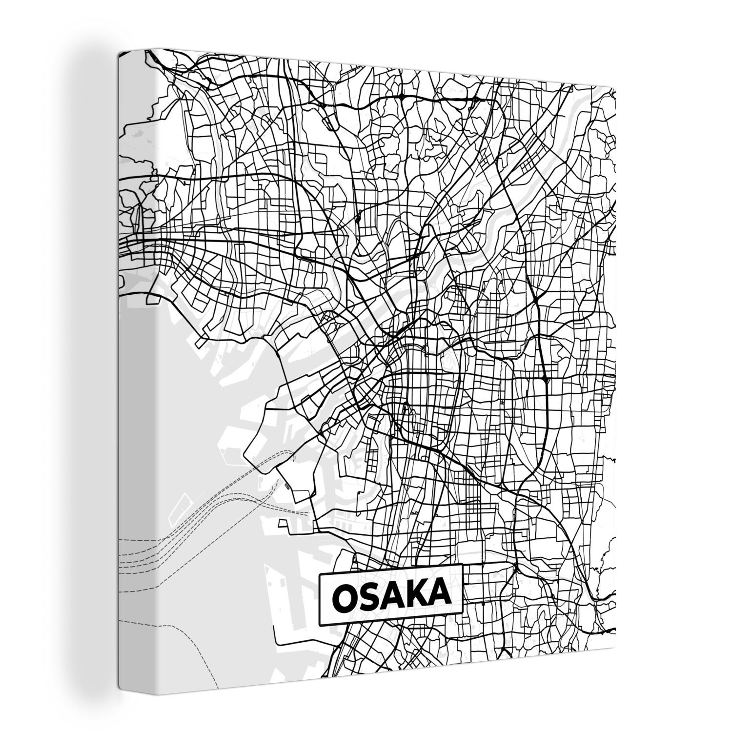 OneMillionCanvasses® Leinwandbild Osaka - Stadtplan - Schwarz und weiß - Karte, (1 St), Leinwand Bilder für Wohnzimmer Schlafzimmer