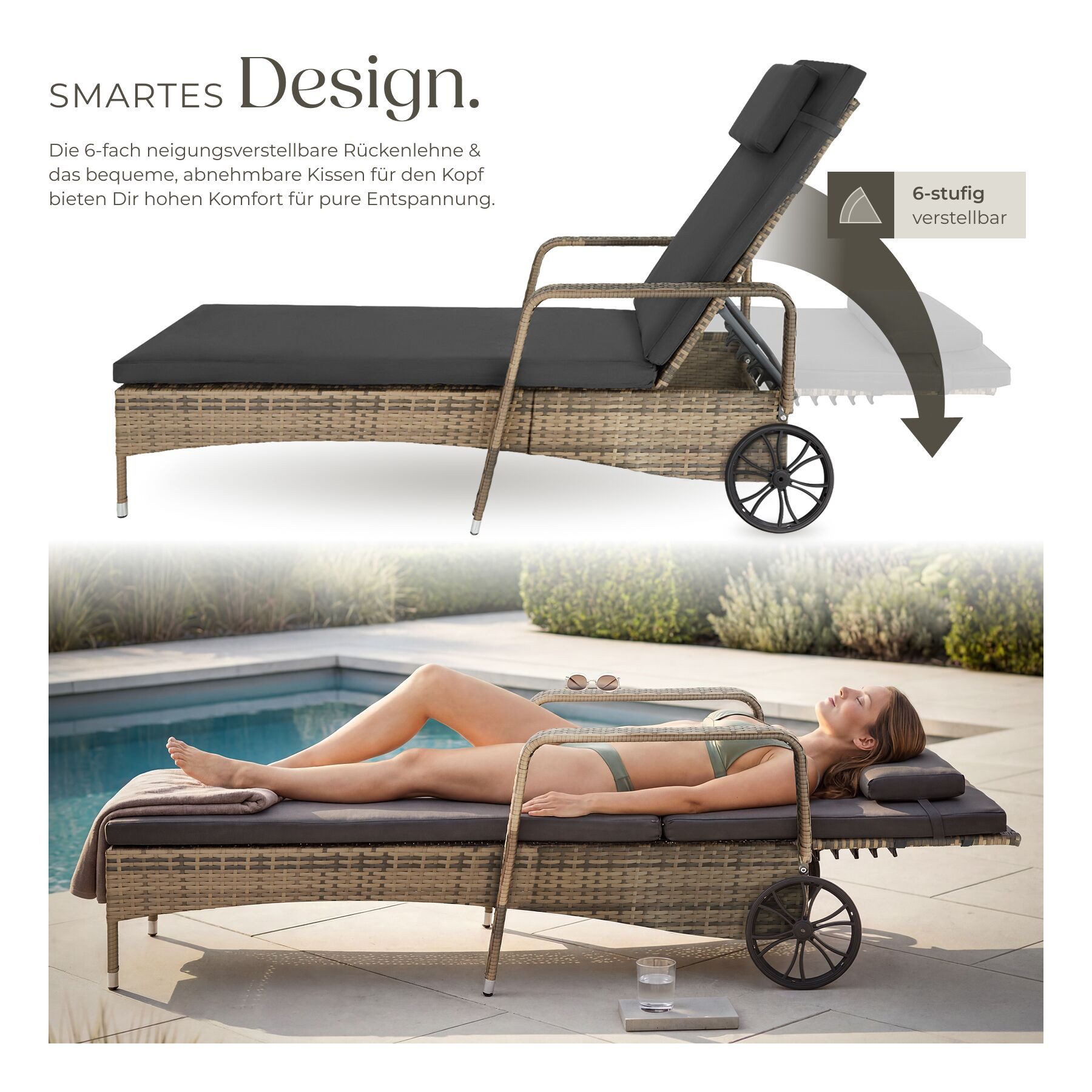 tectake Gartenliege Rattan Sonnenliege mit Rädern, abnehmbares Kopfkissen, 200 x 70 x, Liegestuhl, 1 St., in natur/dunkelgrau, widerstandsfähig, UV-beständig, 6-fach verstellbare Rückenlehne