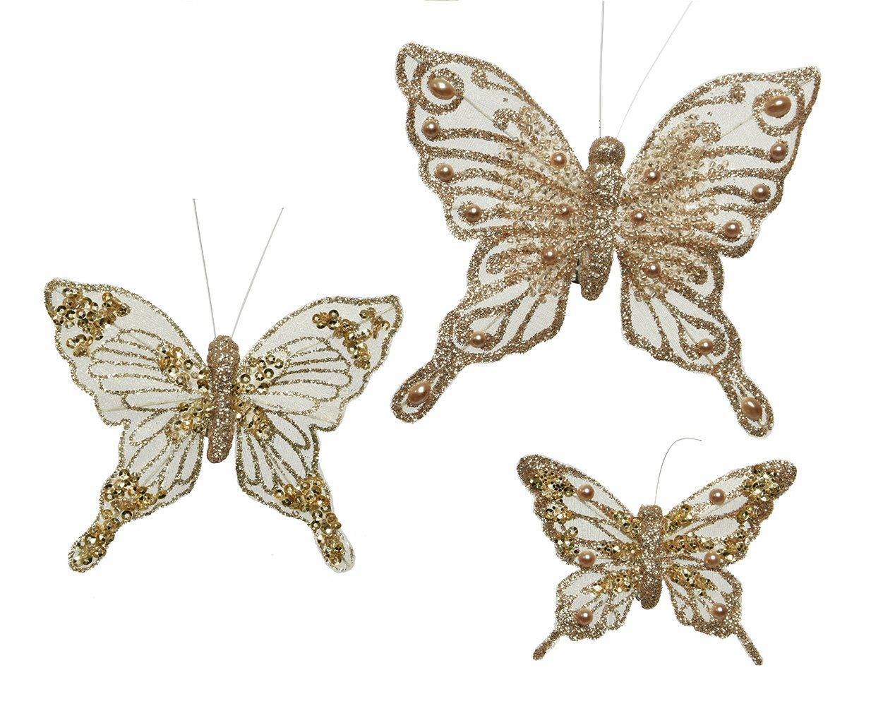 Decoris decorations und mit Schmetterlinge Weihnachtsbaumklammer, 3er Set Clip Perlen auf season Glitzer gold,