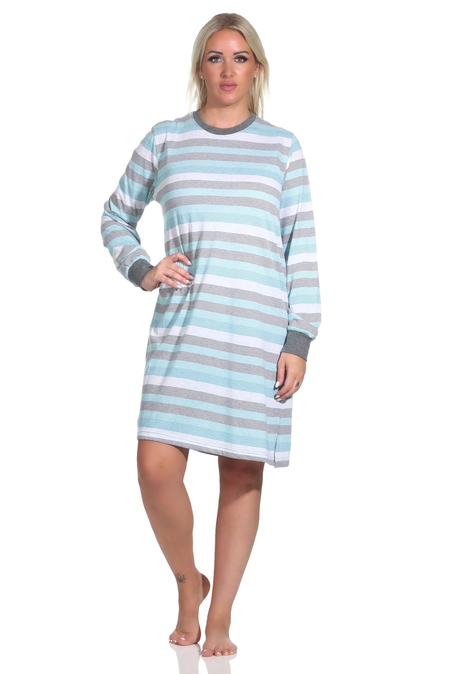 Bündchen Normann Damen Nachthemd in mit langarm Nachthemd türkis Blockstreifenoptik
