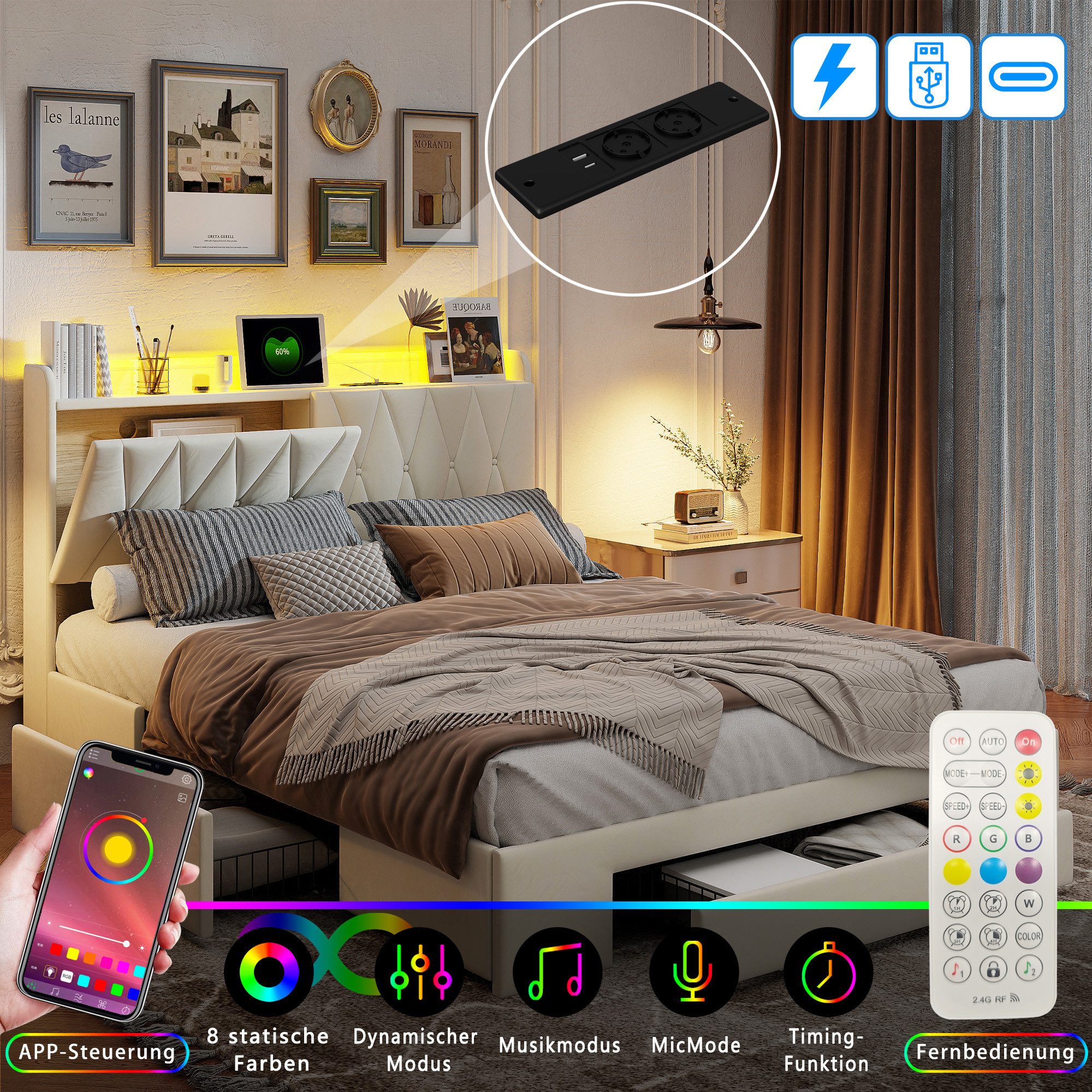 ADWOLT Polsterbett Doppelbett Stauraumbett mit Schubladen und Ladefunktion (Set, 1-tlg., 140x200cm Stauraumbett), mit USB/Type-C Anschlüssen und 3 Schubladen, m – Bild 2 von 5