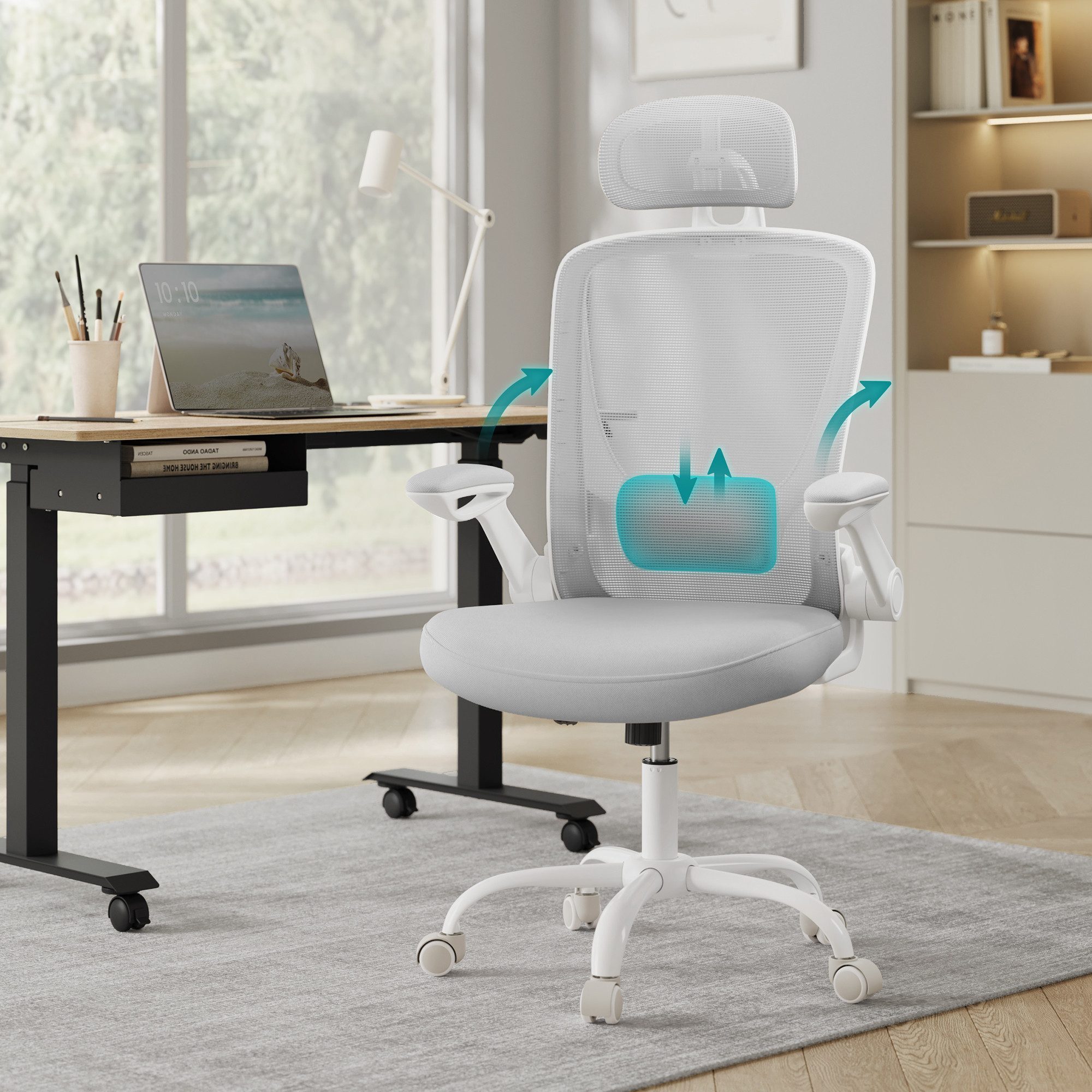 SONGMICS Bürostuhl ergonomischer Drehstuhl mit Mesh, Lendenstütze, Wippfunktion, mit Kopfstütze, 53 cm breite Sitzfläche und klappbaren Armlehnen