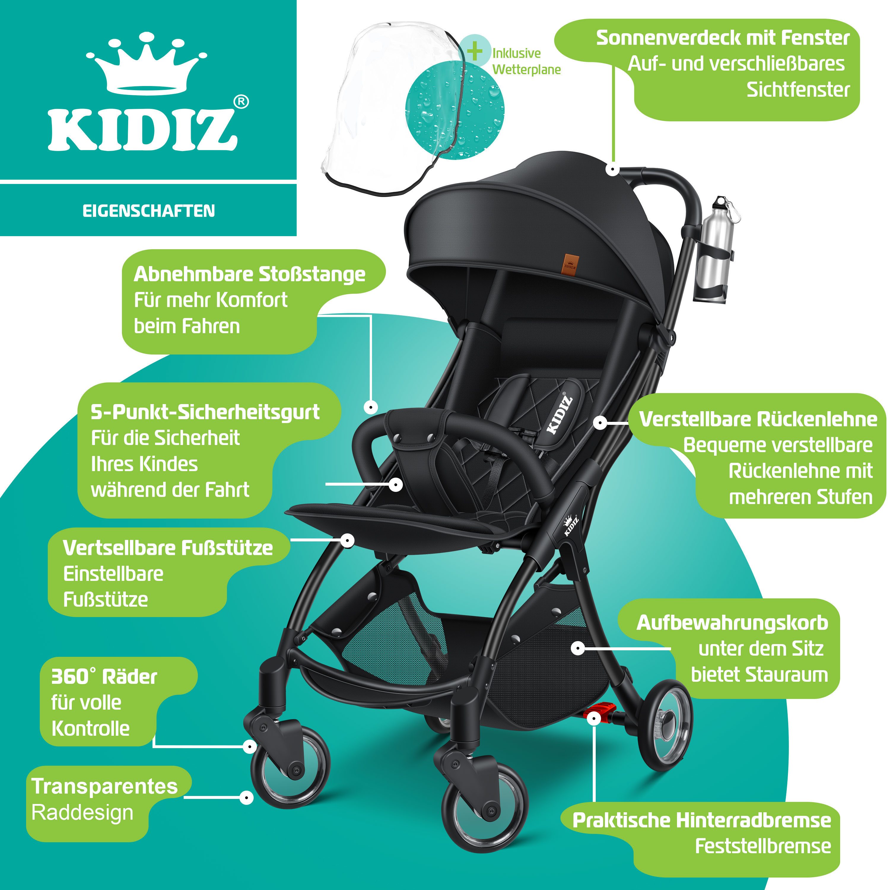 KIDIZ Kombi-Kinderwagen Sportwagen Faltbar, Buggy mit verstellbaren Rückenlehnen & 360° Räder, (Kinderbuggy Inkl. Getränkehalter, Regenabdeckung & Sonnenverdeck), Liegebuggy mit 5-Punkt Gurt & Abnehmbare Stoßstange