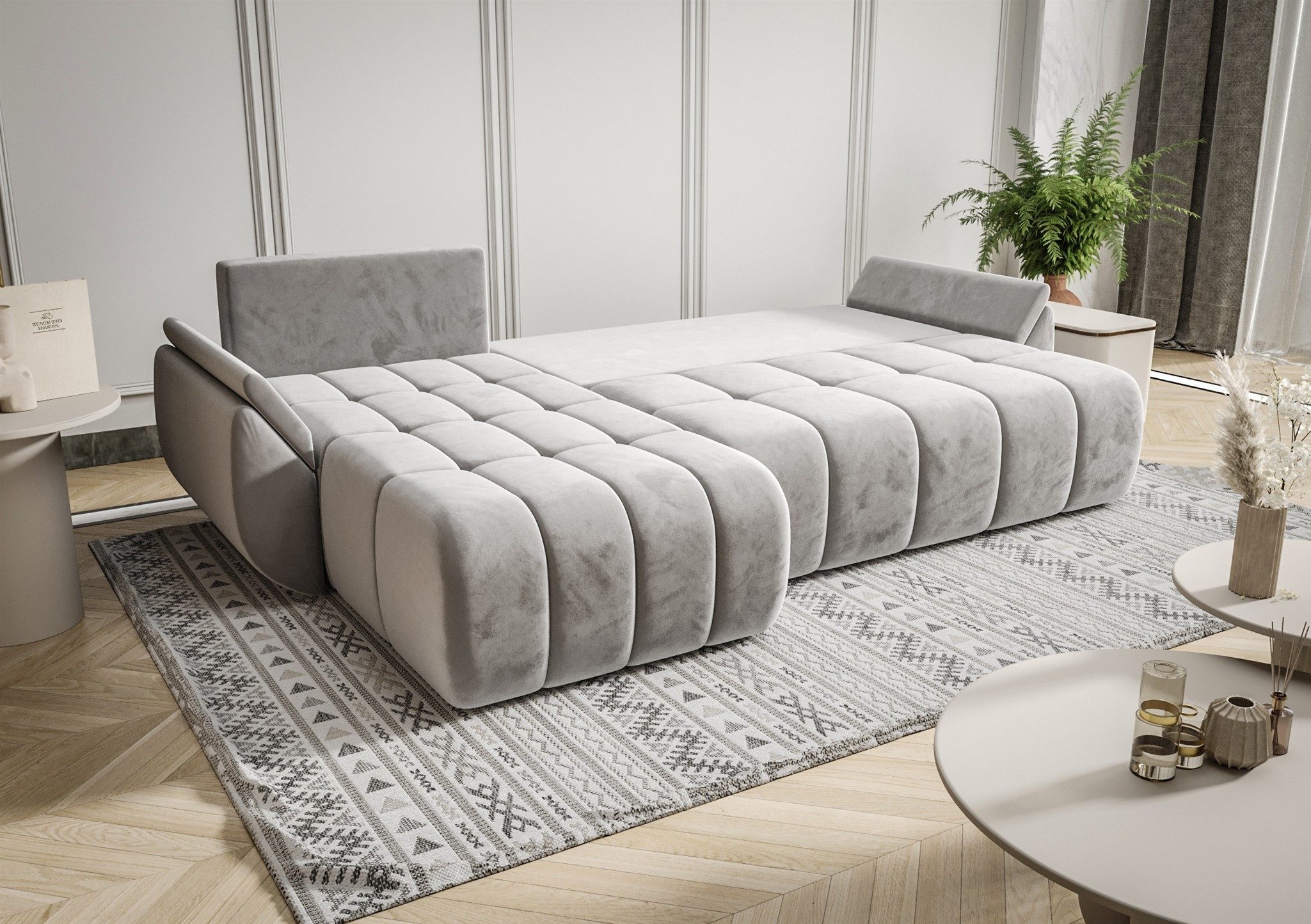 Fun Möbel Ecksofa Schlafsofa Sofa Louise in Stoff Monolith, Ottomane Links oder Rechts, Rundumbezug und ausziehbare Liegefläche