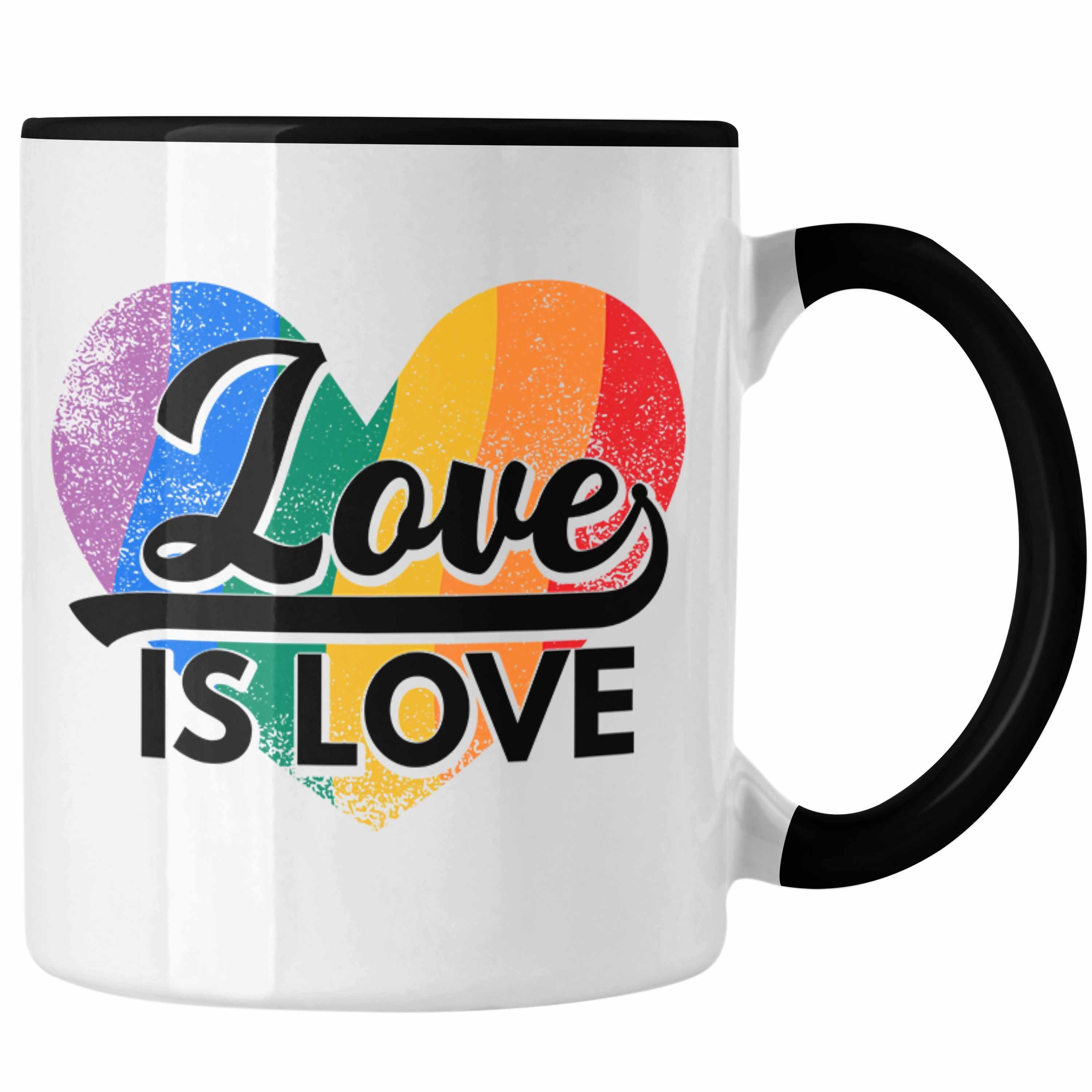 Trendation Tasse Trendation - LGBT Tasse Geschenk für Schwule Lesben Transgender Regenbogen Lustige Grafik Regenbogen Love Is Love Schwarz