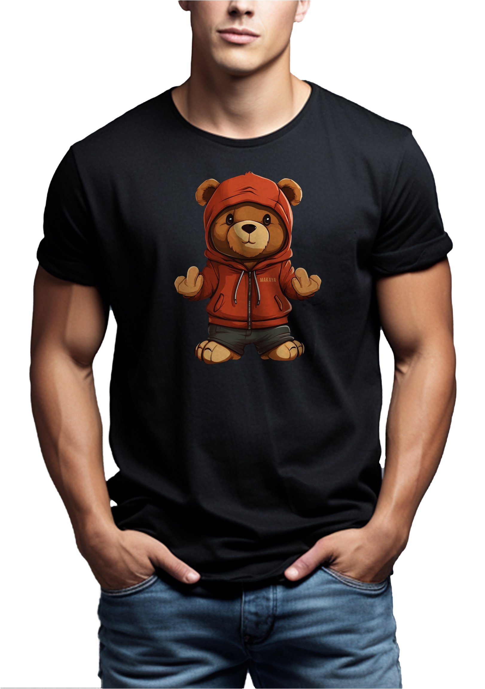 Teddy MAKAYA Jungen T-Shirt Teddybär Teenager Jugendliche Herren Schwarz Jungs Aufruck Print, mit
