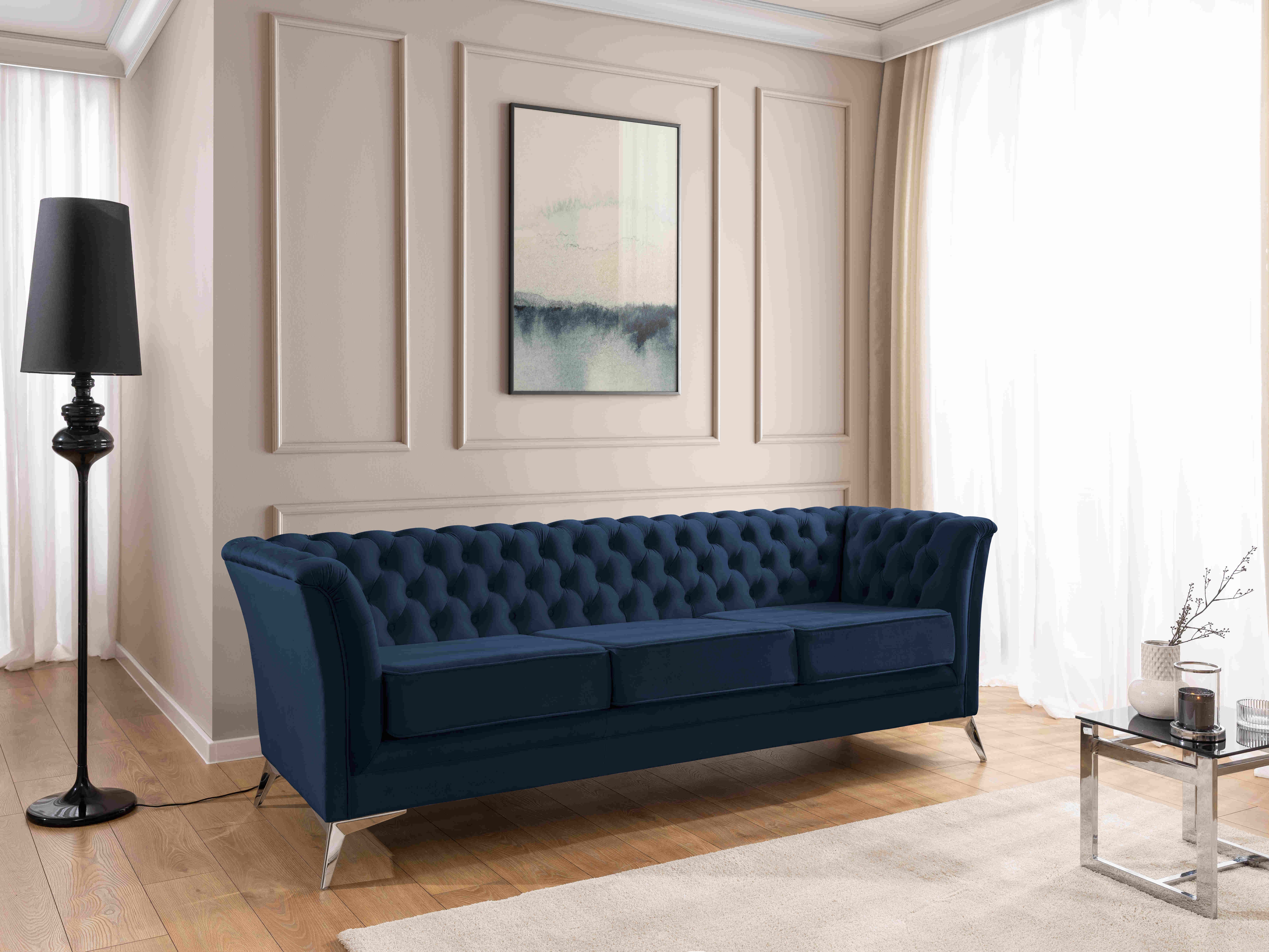 S-Style Möbel Chesterfield-Sofa Whitby, 3-Sitzer aus Samt mit goldenen, silbernen oder schwarzen Füßen, mit Wellenfederung