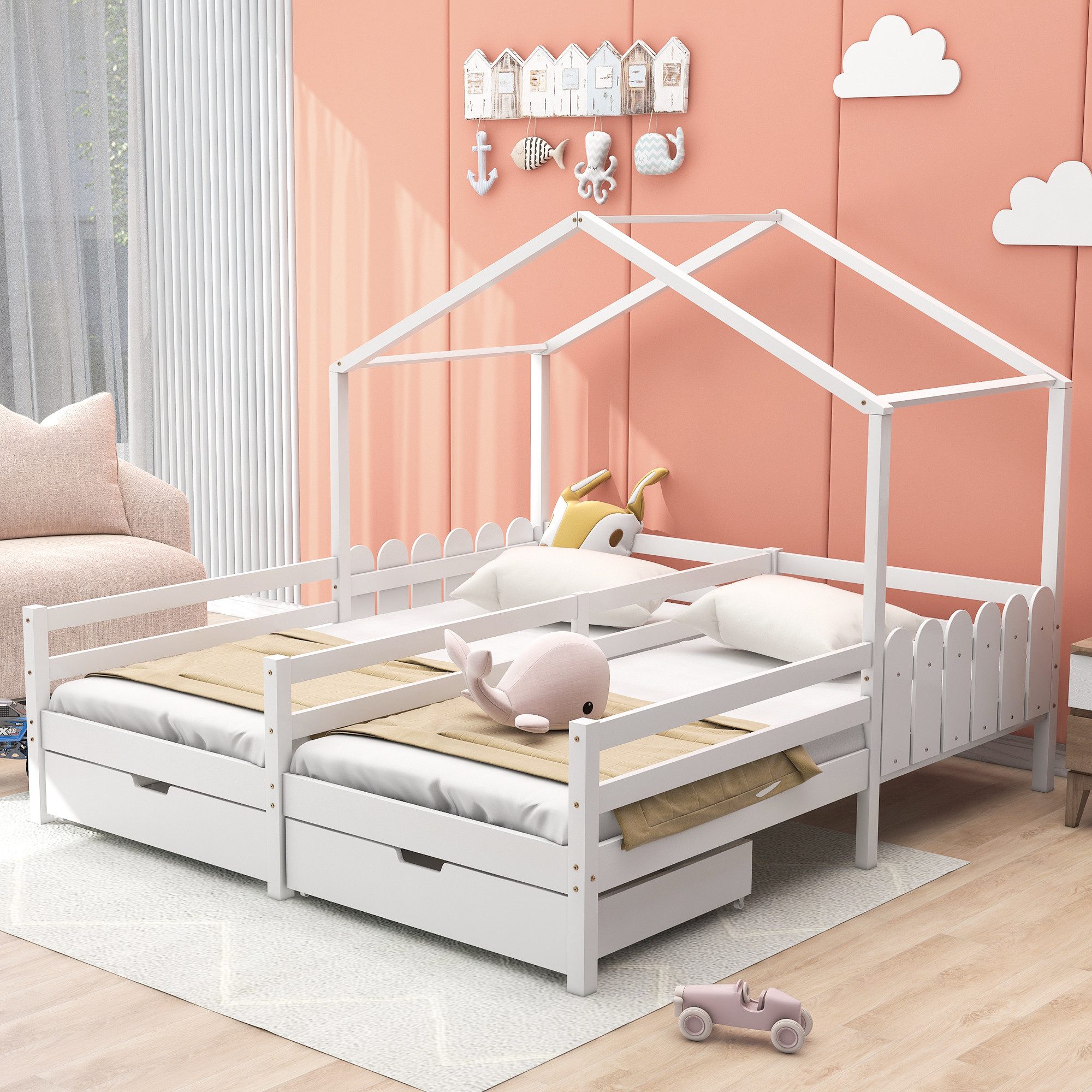 Welikera Hausbett Hausbett,Doppelbett,2 Einzelbett,Kinderbett mit 2 MDF-Schubladen, Schubladen auf Rollen,Lattenrost aus Kiefer,Gitterbett,Weiß,200x90cm