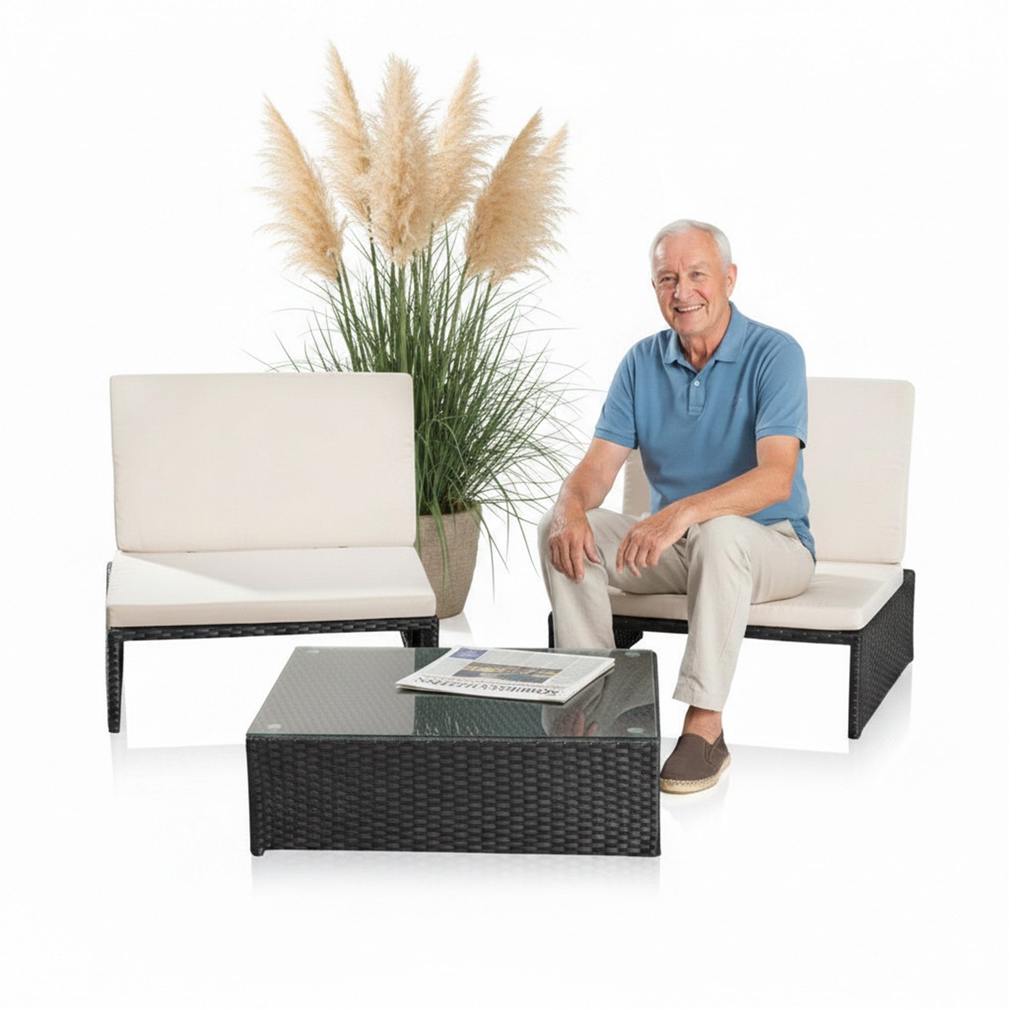 Mucola Balkonset Balkon-Sitzset 3-teilig aus Polyrattan – kompakt für Balkon & Terrasse, (Sitzgruppe, 3-tlg., 3-teiliges Sitzset bestehend aus 2 Sesseln und 1 Tisch), Kompakte Bauweise für Balkon und kleine Terrassen